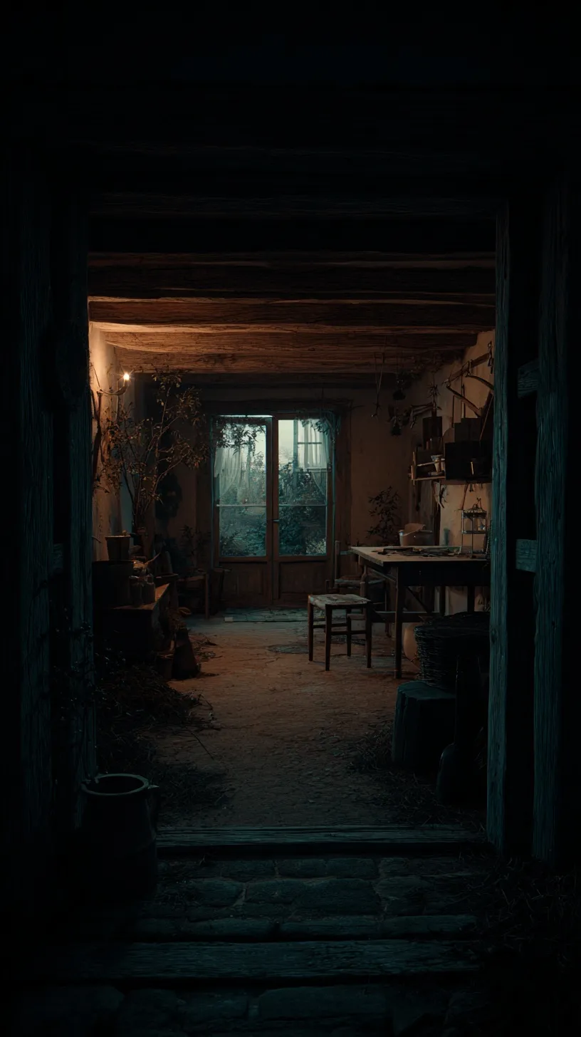 Dark moody vintage cottagecore interior at night, rustic empty rural house with cinematic lighting for mobile.