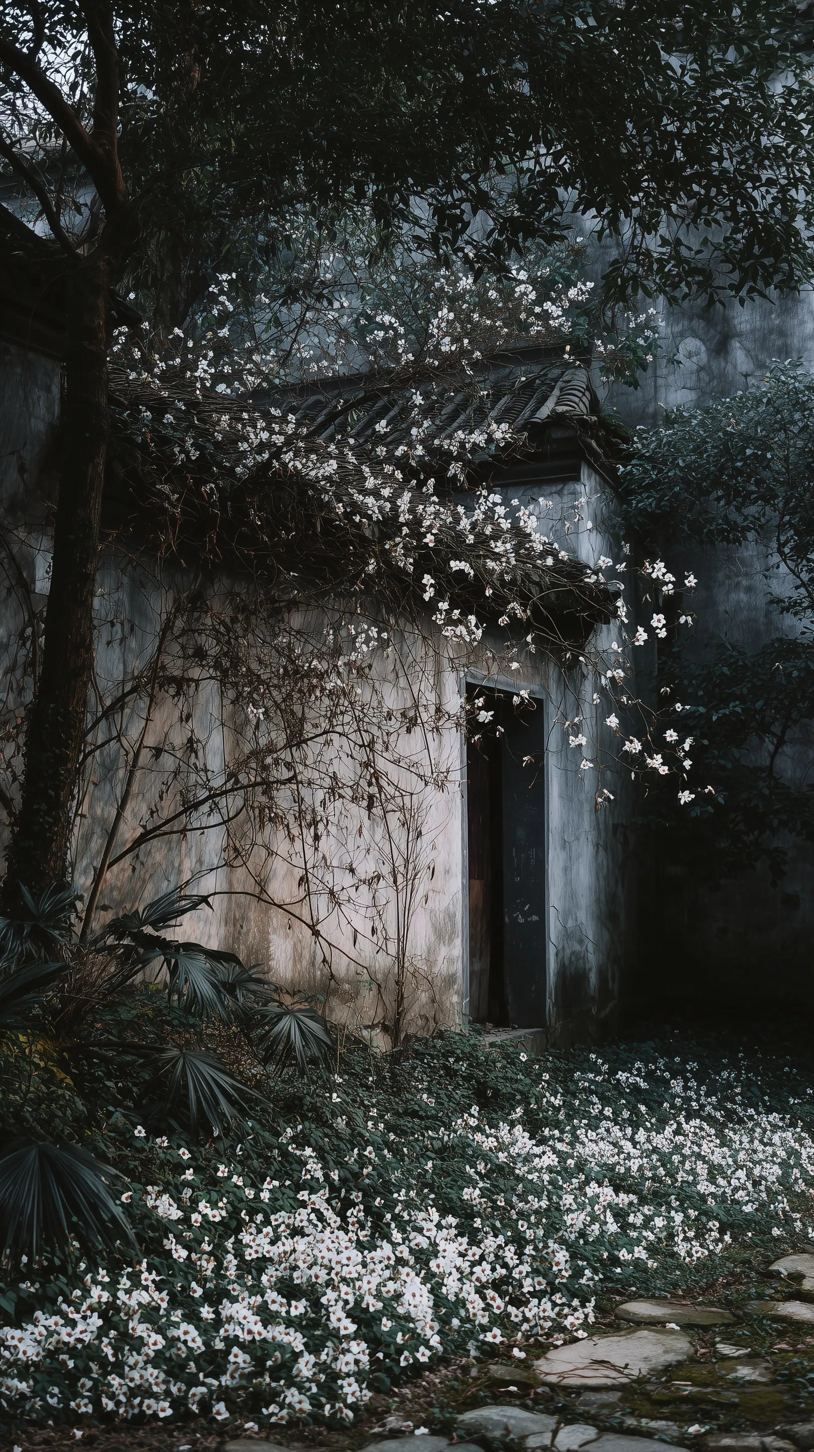 Moody winter cottagecore aesthetic with white flowers on ancient Chinese walls for iPhone 17 Pro wallpaper.