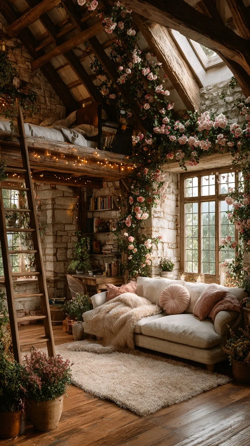 Cozy dark cottagecore interior with climbing roses, fairy lights, and a fluffy blanket, perfect for iPhone wallpaper.
