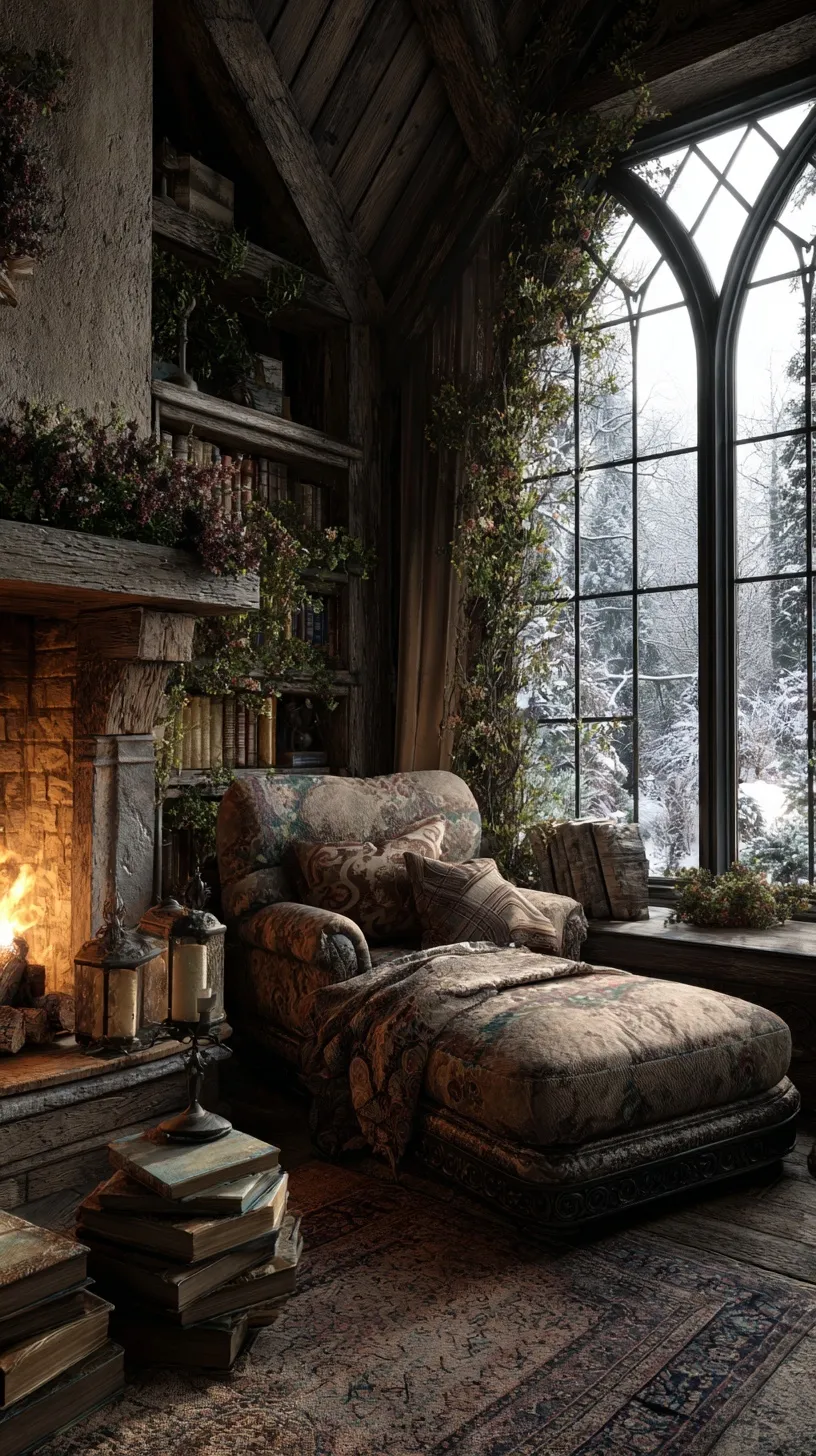 Cozy dark cottagecore living room with a fireplace and snowy English garden view, perfect for iPhone 17 Pro wallpaper.