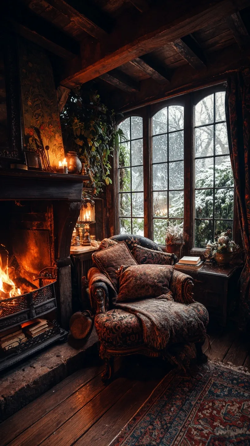 Cozy English cottage interior with an ornate sofa, glowing fireplace, and snowy window view, dark moody aesthetic.