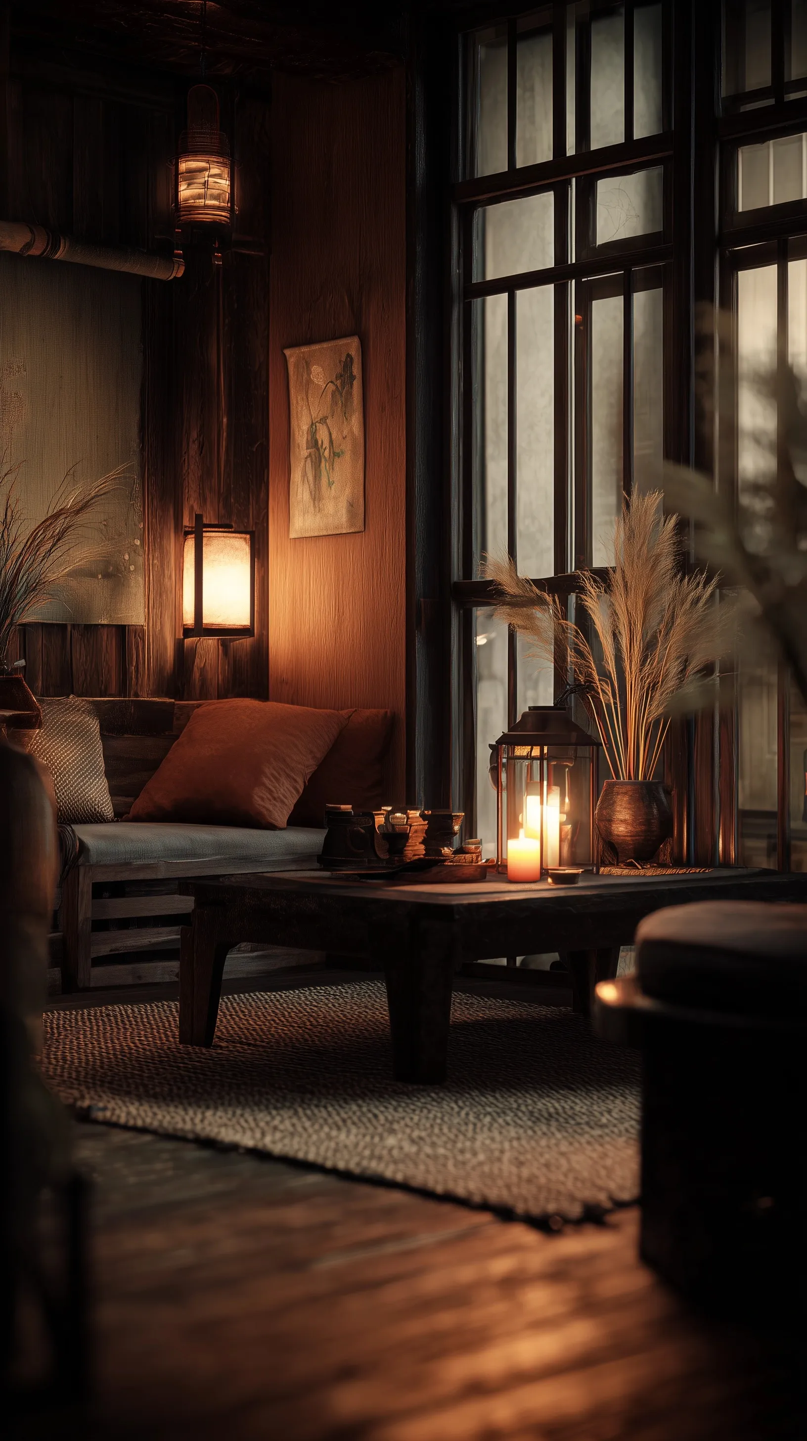 Ultra-realistic wabi-sabi cottagecore interior at night, dark moody aesthetic for iPhone 17 Pro mobile wallpaper.