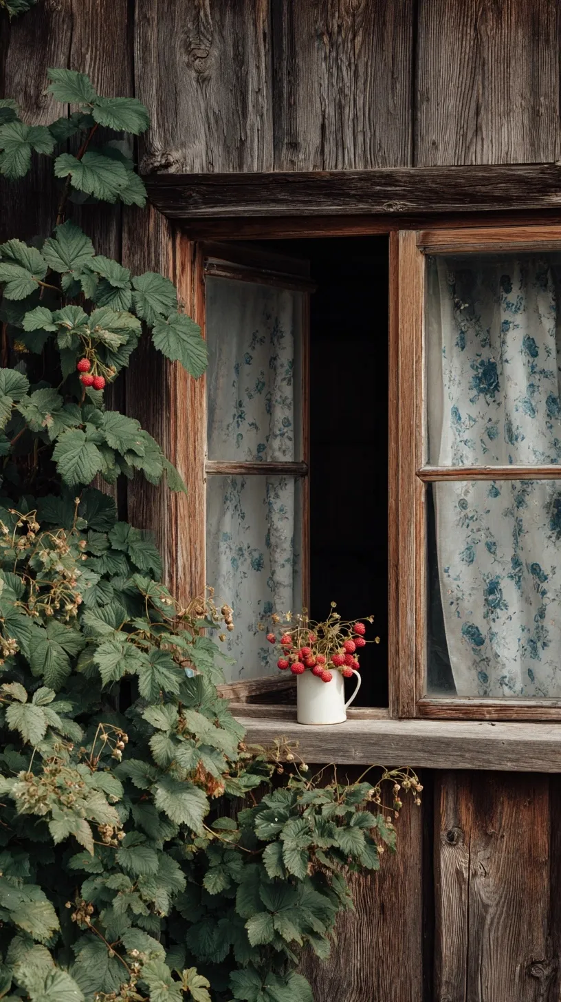 Rustic cottagecore wooden house window with floral curtains, raspberry bushes, and wild strawberry mug.