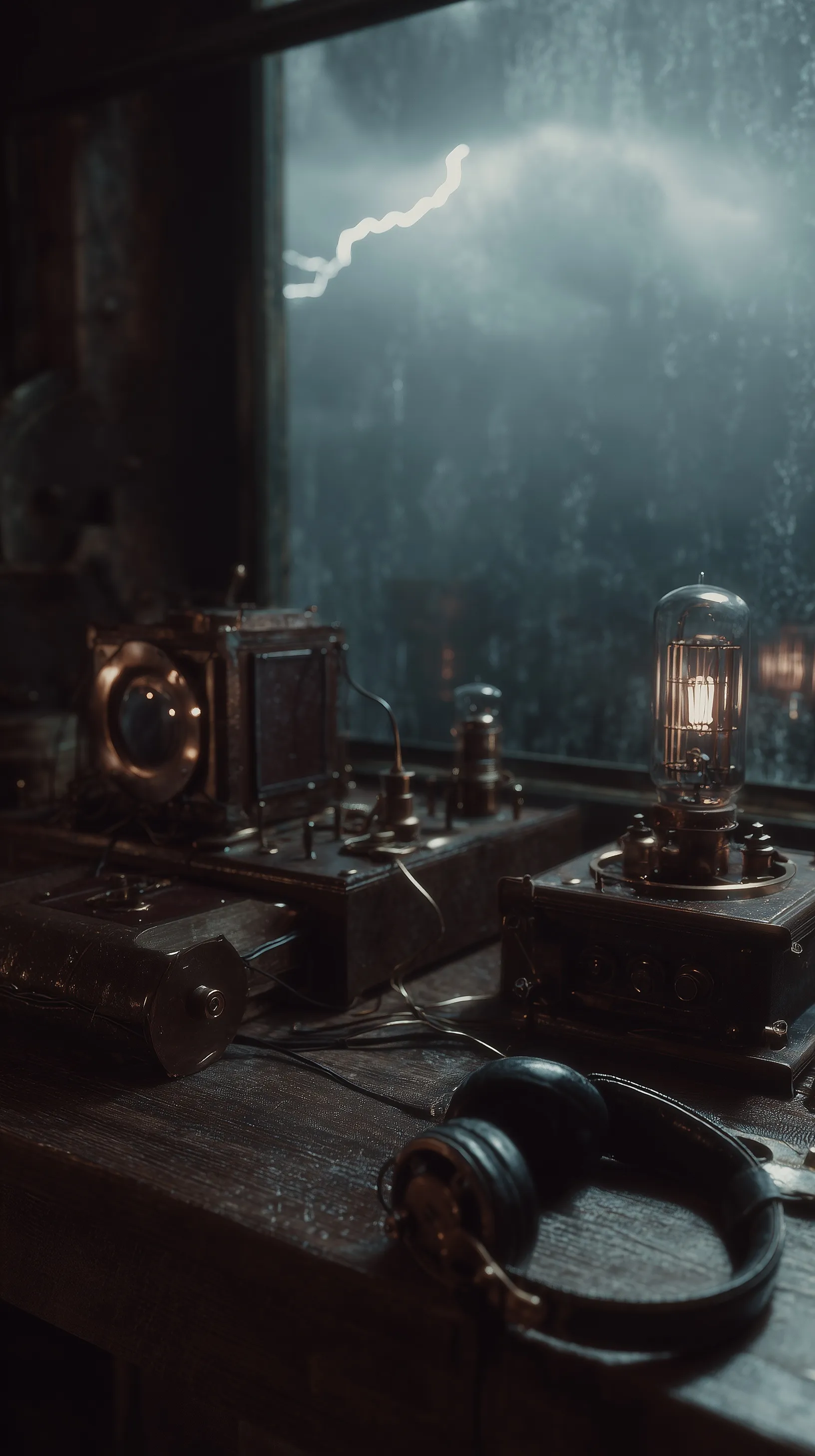 Steampunk headset and Tesla laboratory equipment on a wooden desk with stormy lightning background, cinematic style.