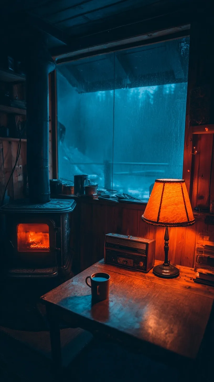 Cozy dark cottagecore cabin desk interior with a glowing wood stove and snowy window view, cinematic moody lighting.
