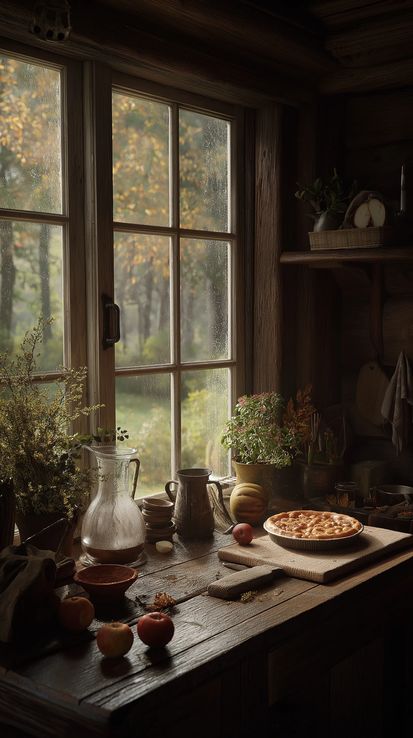 Cozy dark cottagecore kitchen with apple pie and rainy autumn window view, perfect aesthetic mobile wallpaper.