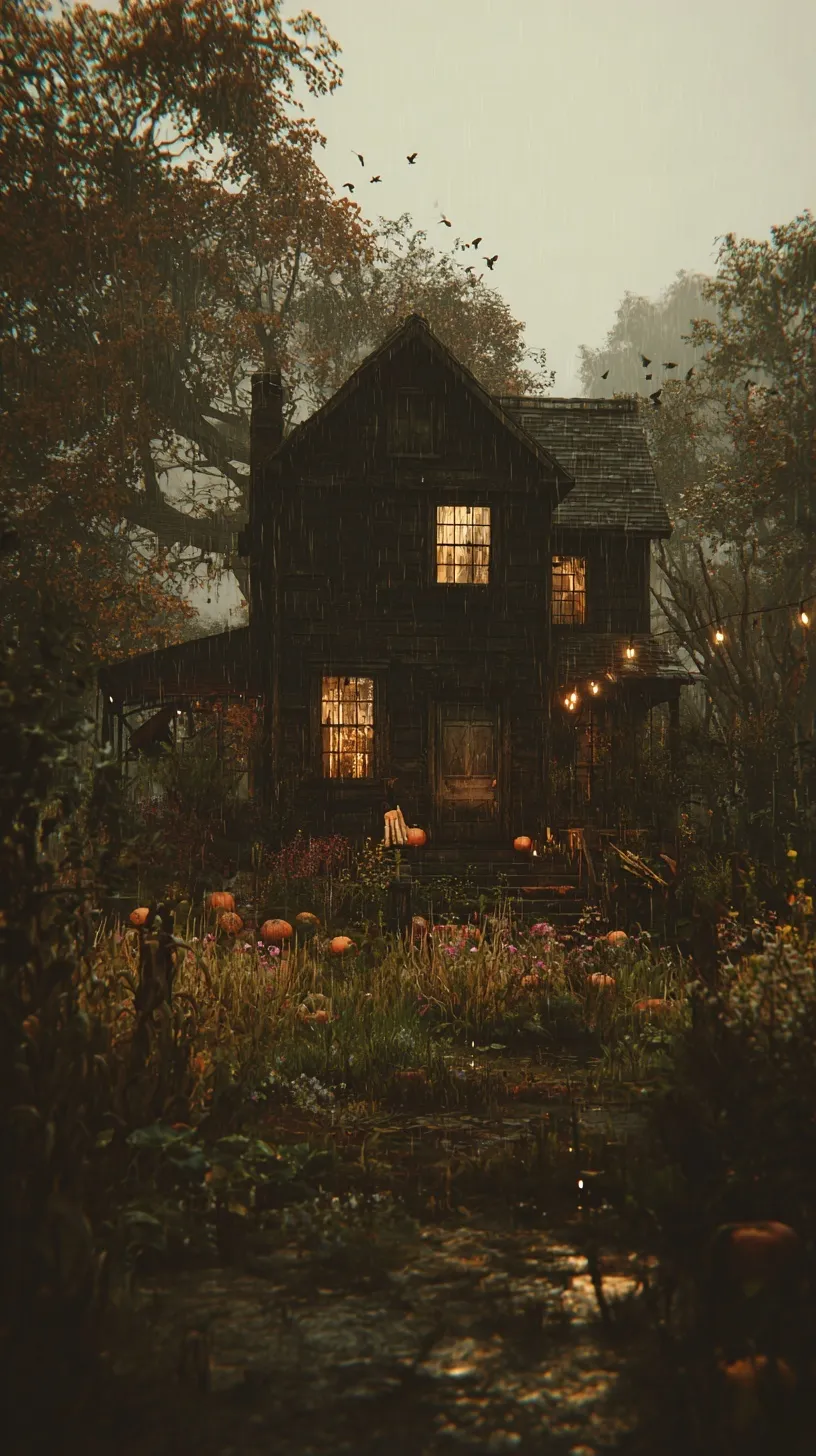 Moody gothic cottage in a rainy autumn cornfield with pumpkin patch and glowing windows for iPhone 17 Pro wallpaper.