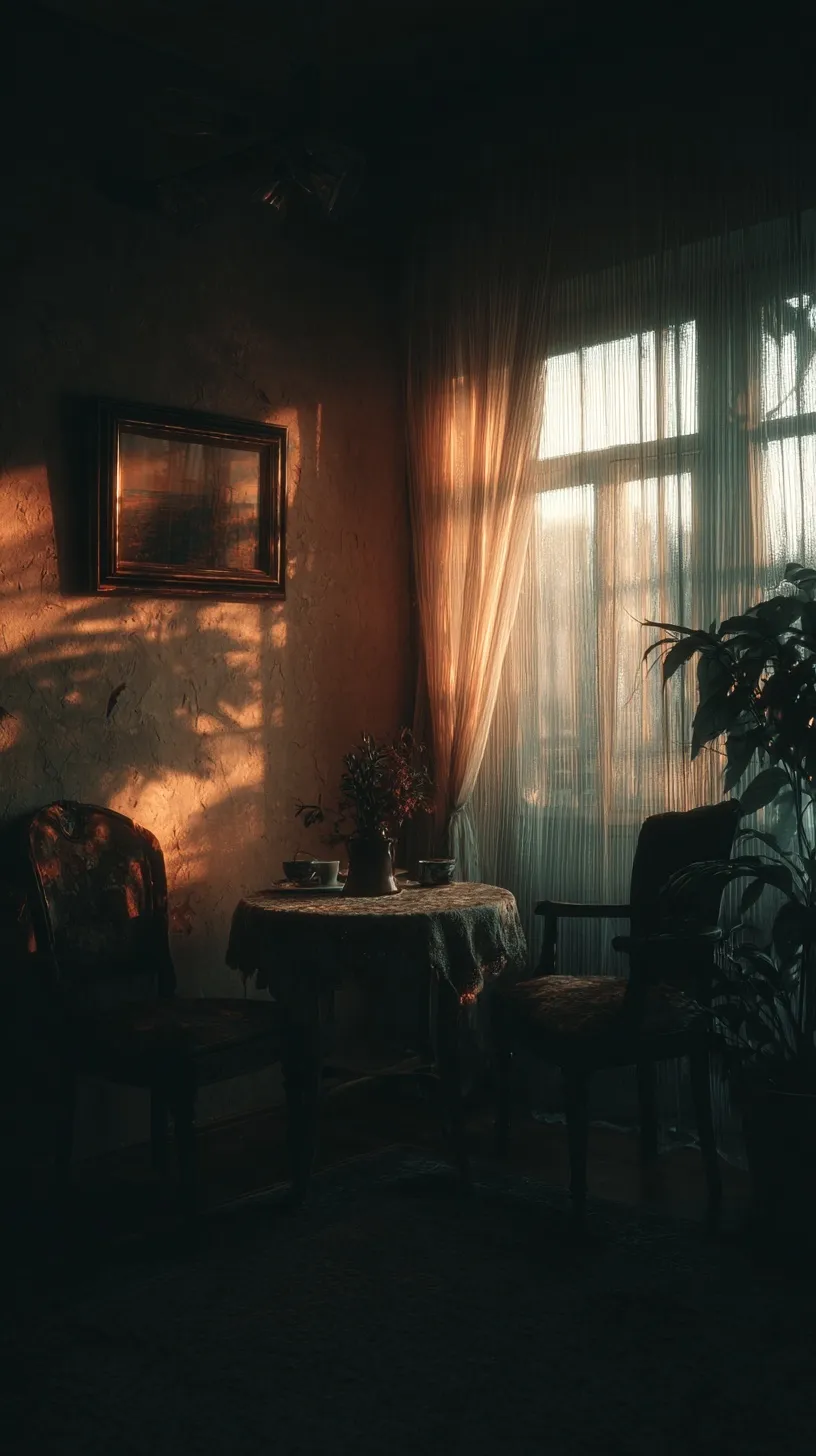 Moody cottagecore interior with warm muted colors and cinematic film grain for iPhone 17 Pro aesthetic wallpaper.