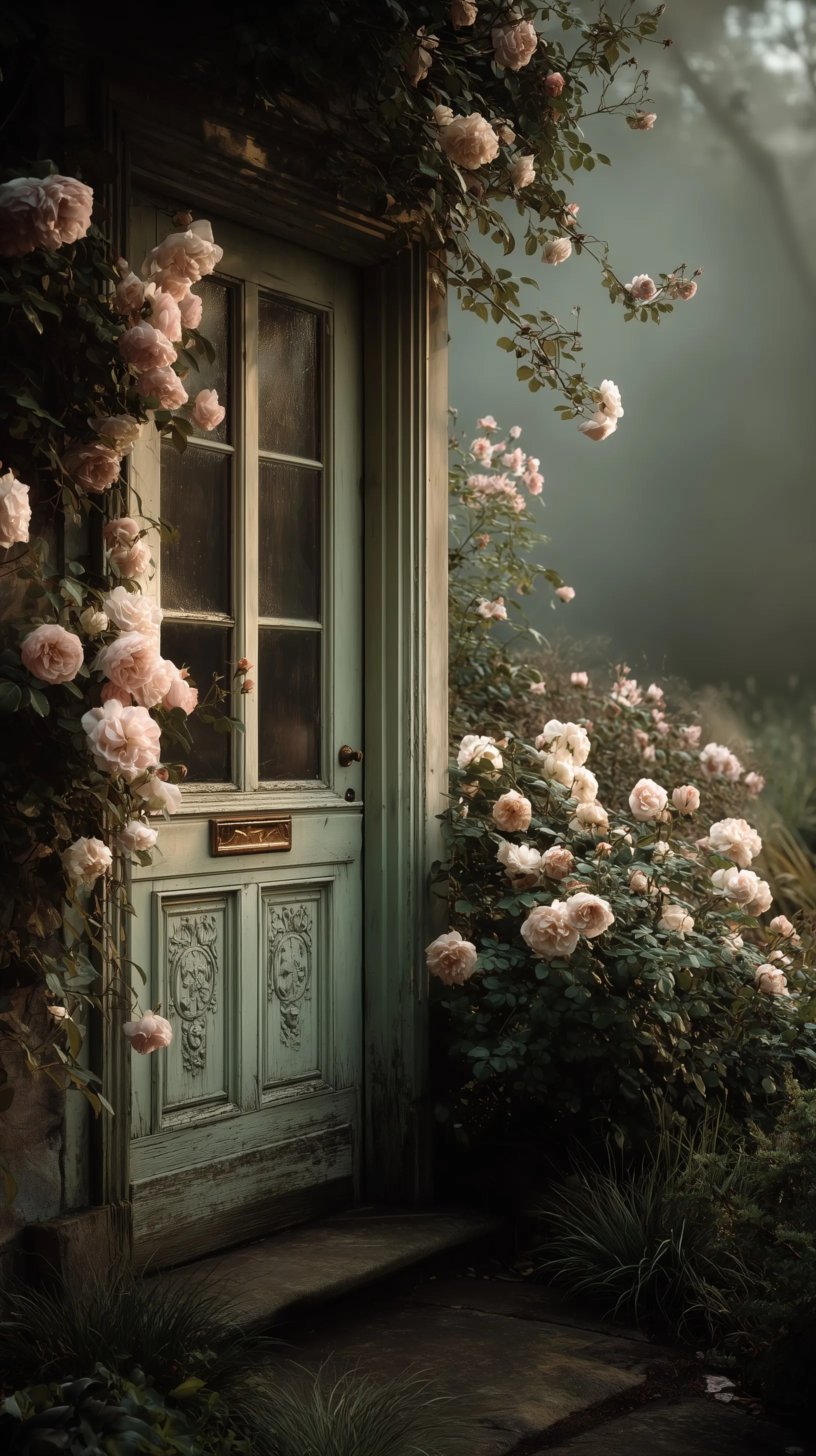 Weathered sage green cottage door with climbing roses, perfect aesthetic background for iPhone 17 Pro wallpaper.
