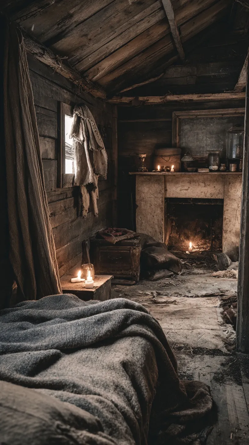 Moody rustic cabin interior with candlelight and worn blankets for iPhone 17 Pro dark aesthetic wallpaper.
