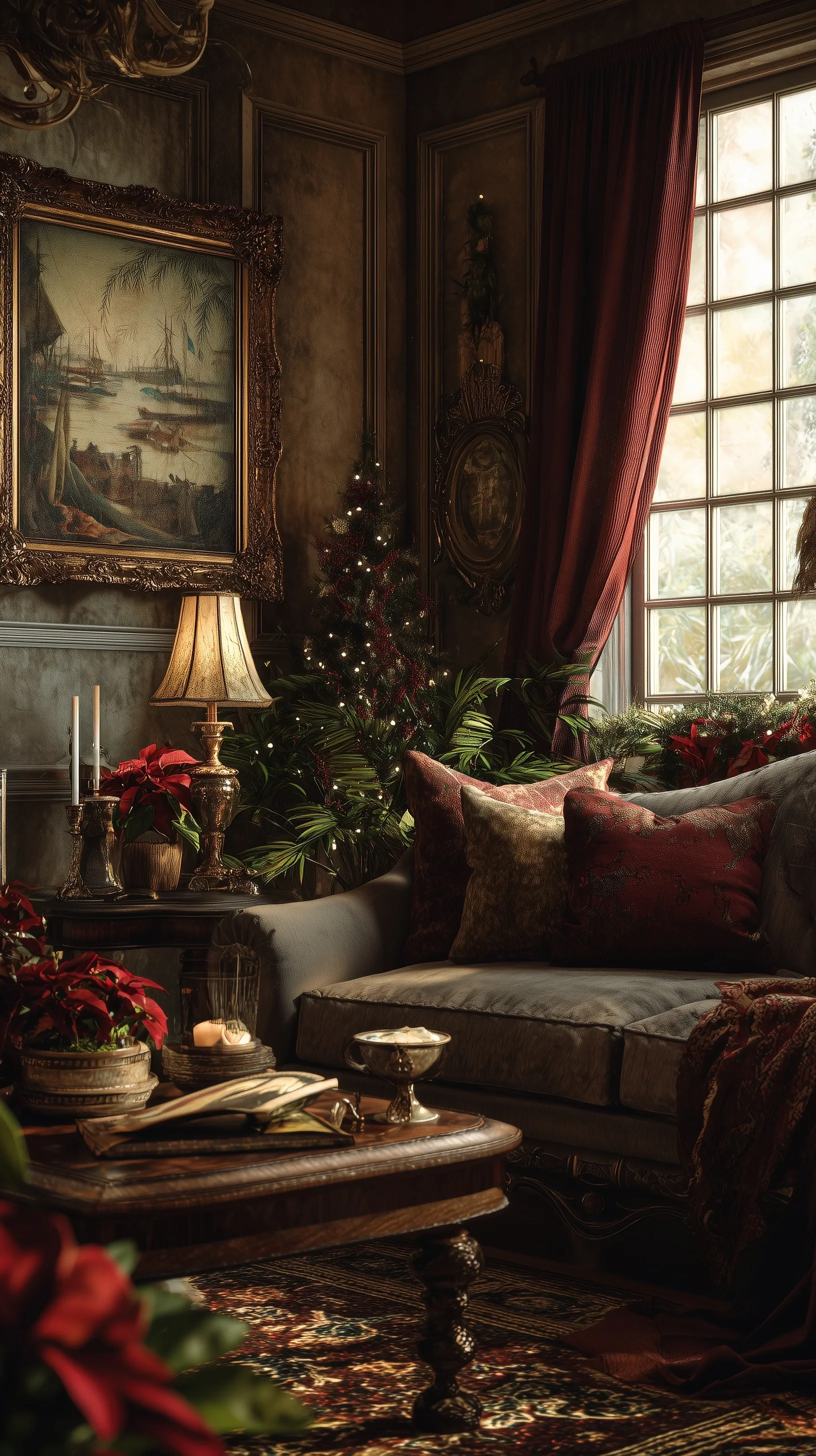 Vintage dark moody cottagecore living room with holiday decor, perfect aesthetic wallpaper for iPhone 17 Pro.