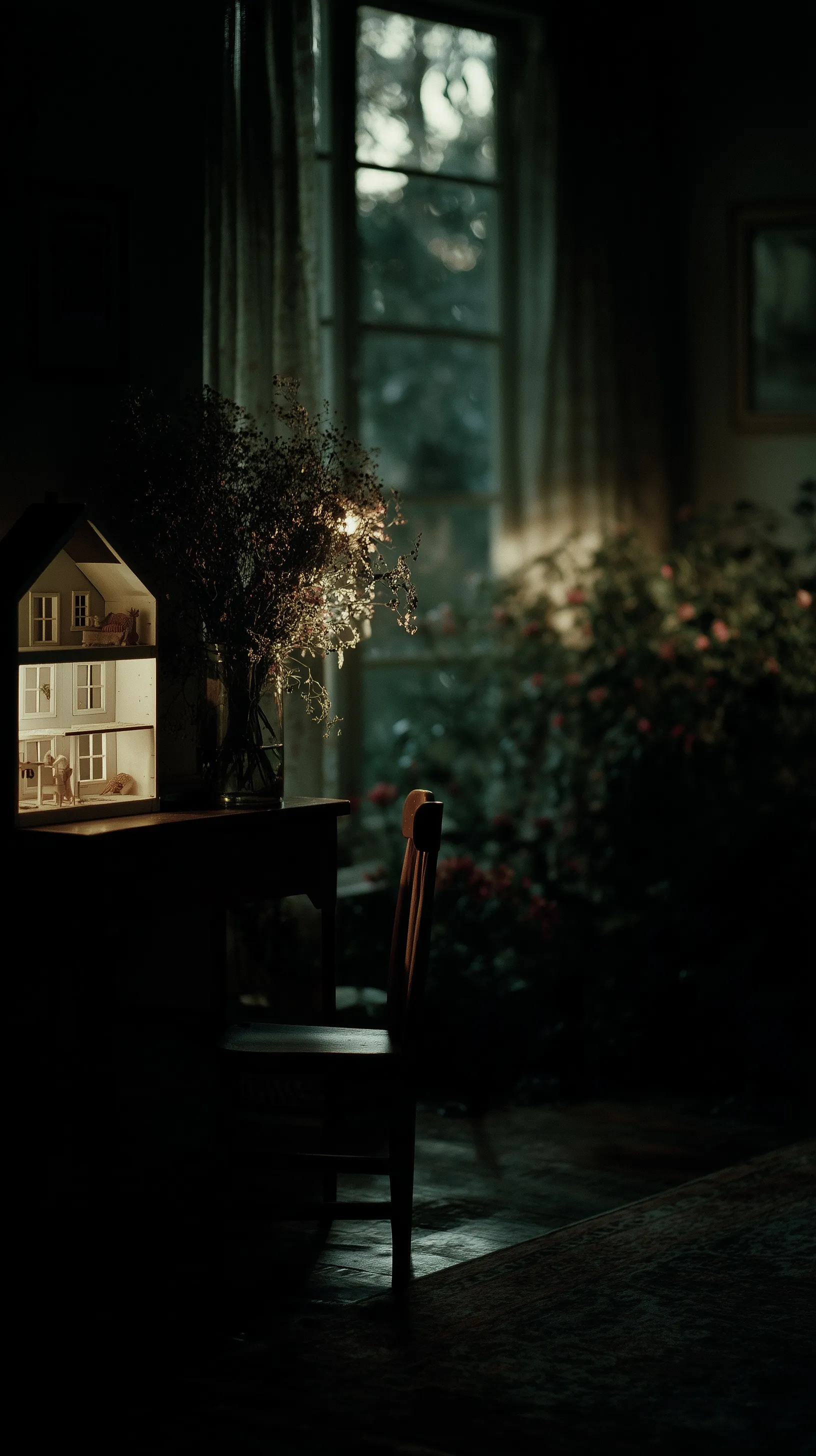 Moody vintage dollhouse in a dim children’s room with glowing light, aesthetic dark cottagecore iPhone wallpaper.