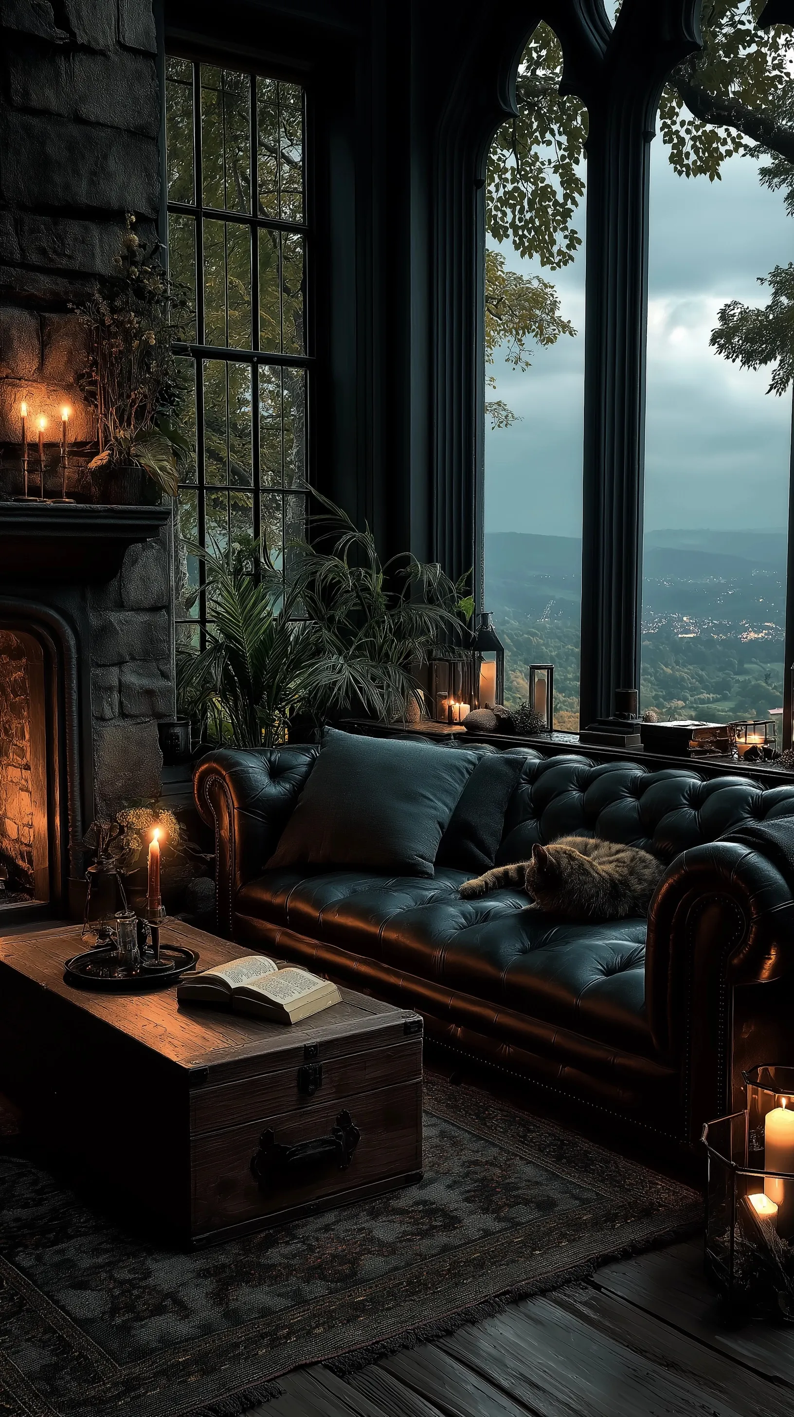 Cozy dark cottagecore living room with fireplace, sleeping cat, and misty forest view for iPhone 17 Pro wallpaper.