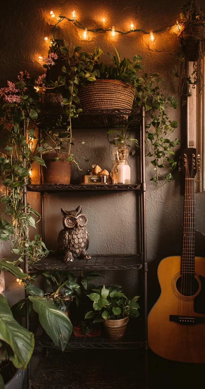 Vintage metal plant stand with flowers, owl statue, and electric guitar in a moody dark academia cottagecore room.