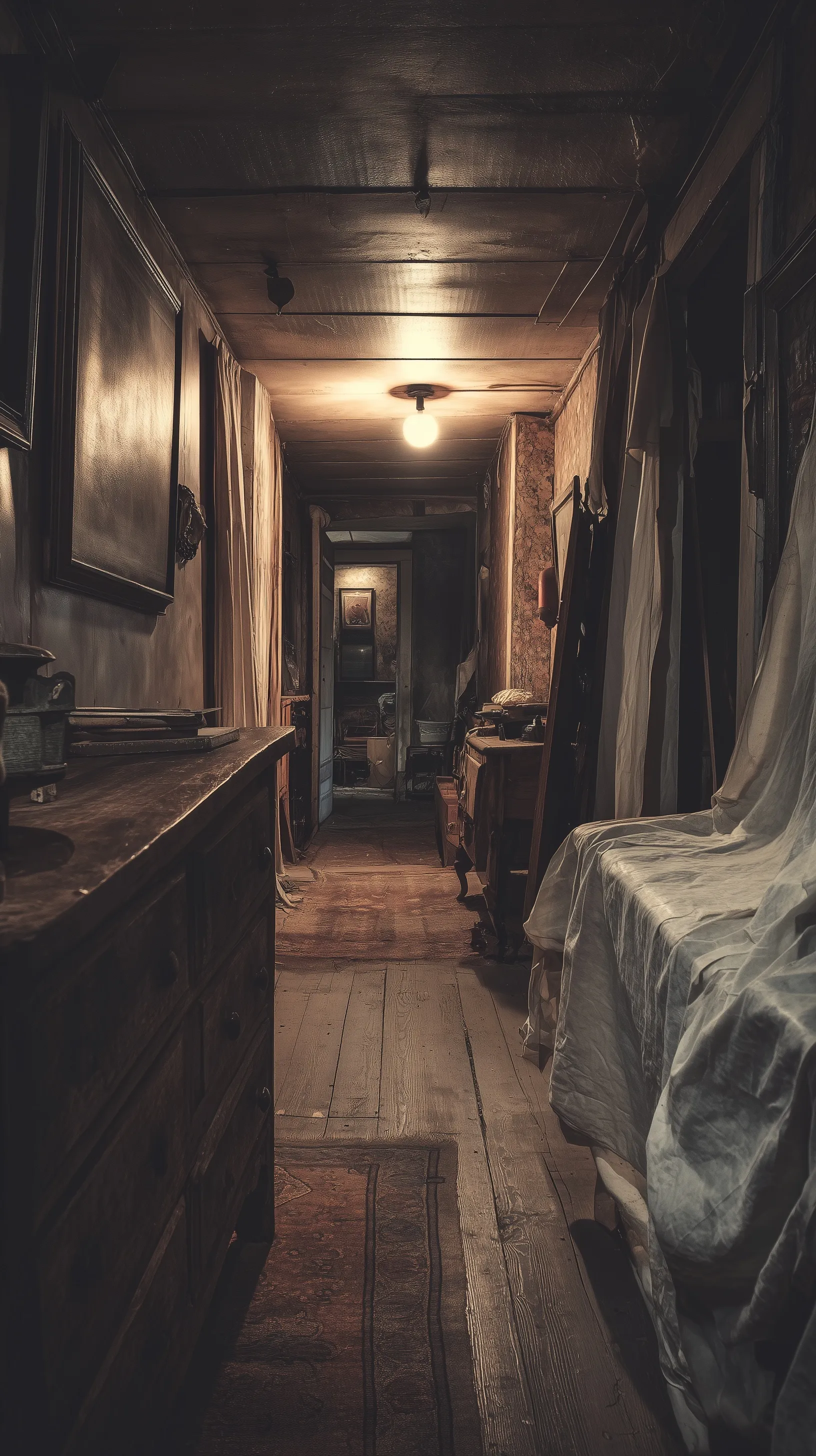 Dusty vintage farmhouse hallway with furniture covered in sheets, creating a dark, moody, atmospheric aesthetic.