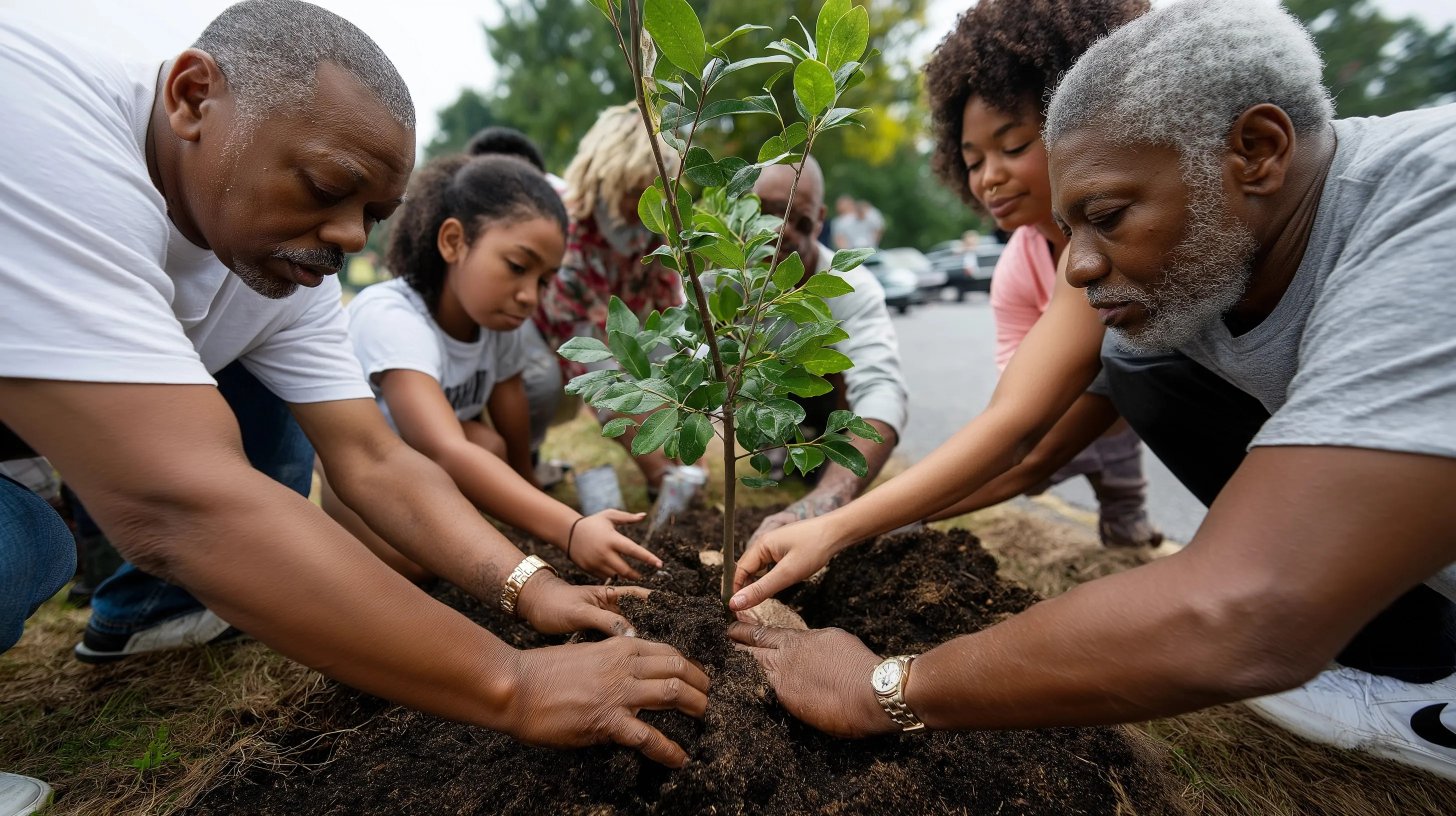 Intergenerational group of volunteers, seniors and youth, planting trees together in a community garden.