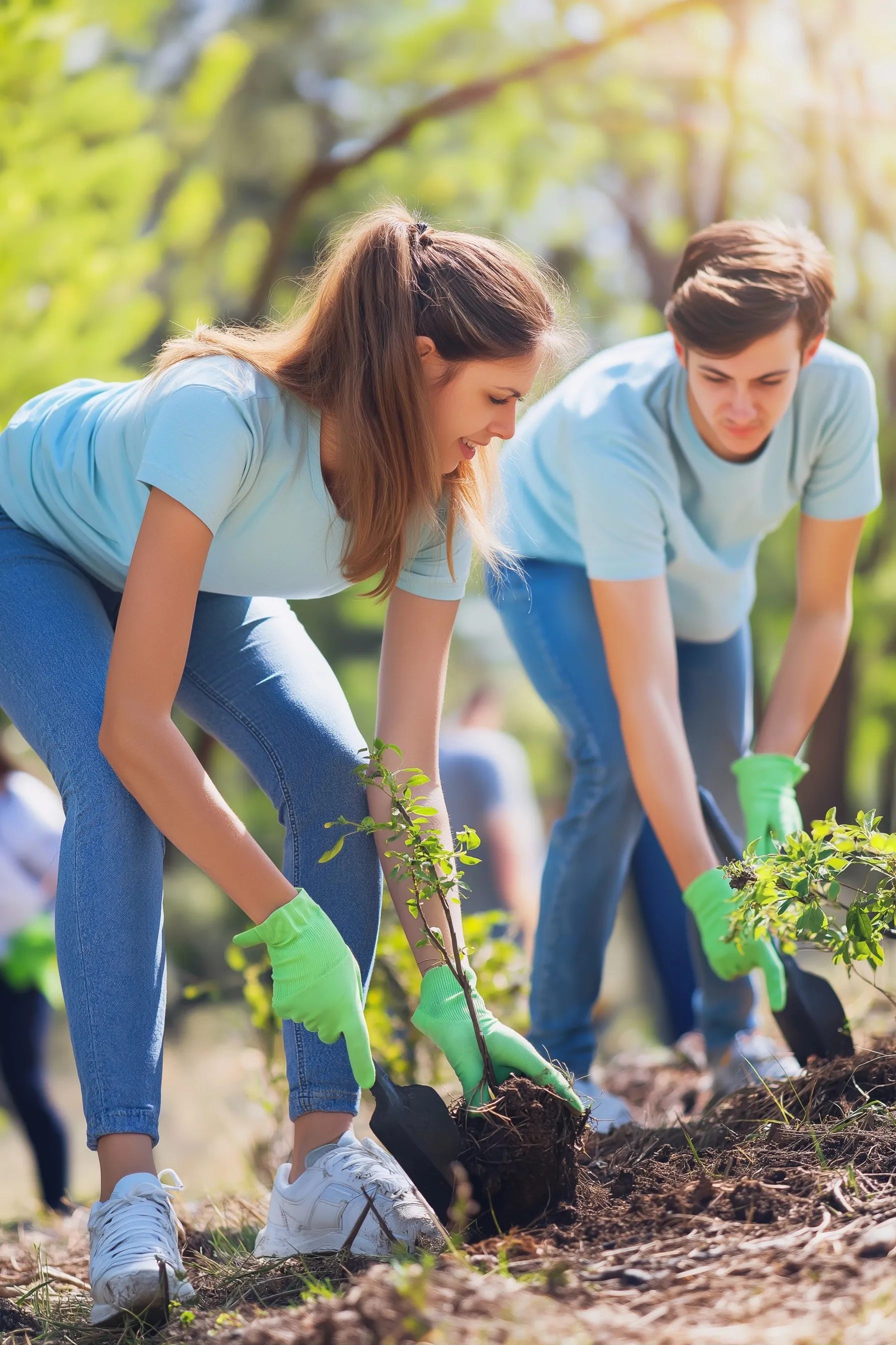A group of young volunteers planting young trees together in an outdoor field during a community reforestation event.
