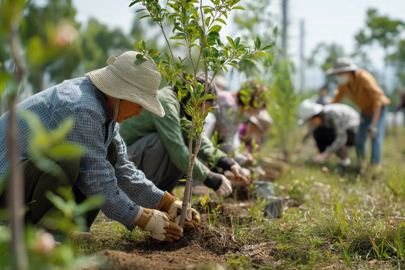 A diverse group of volunteers planting a young tree sapling in soil during an environmental reforestation project.