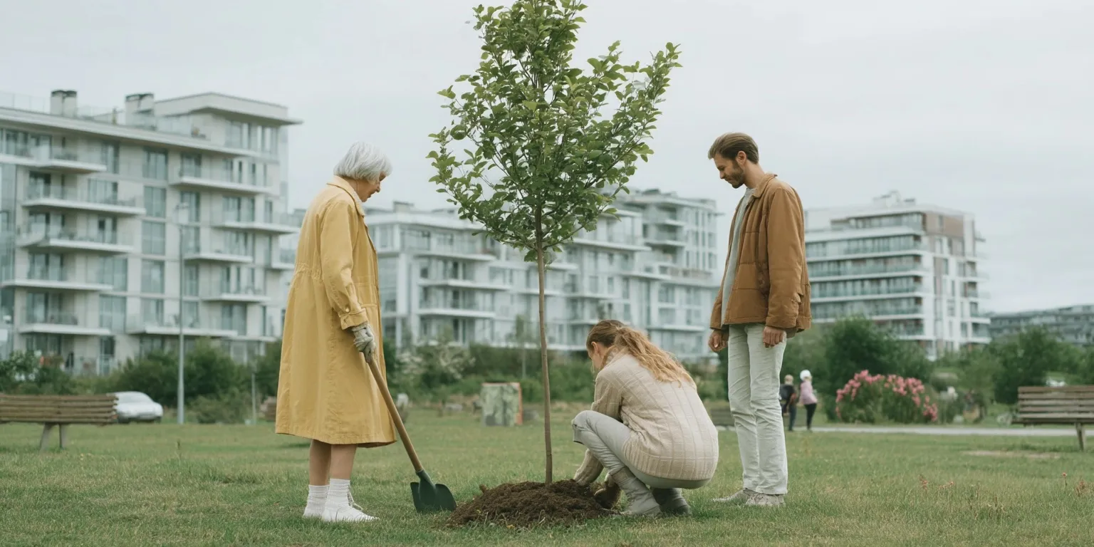 Three volunteers planting a large tree in a park with modern apartments in the background, film photography style.
