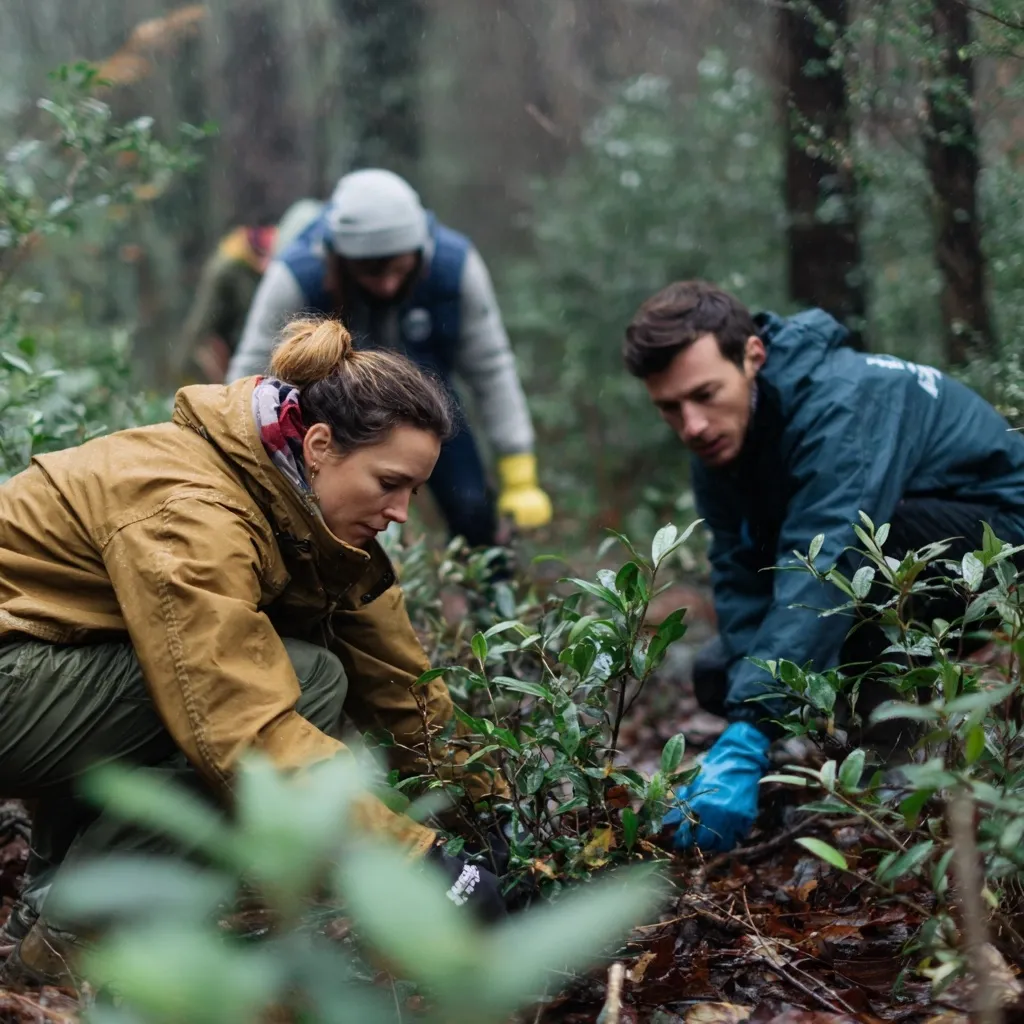 A diverse group of volunteers planting young trees in a lush nature setting to promote reforestation and environment.