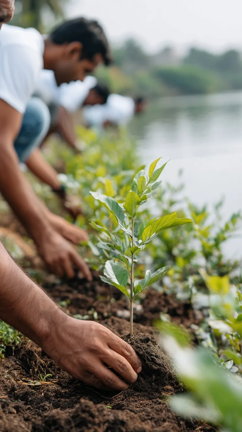 Indian volunteers planting saplings in soil near a lake in Bangalore, focusing on environmental conservation.