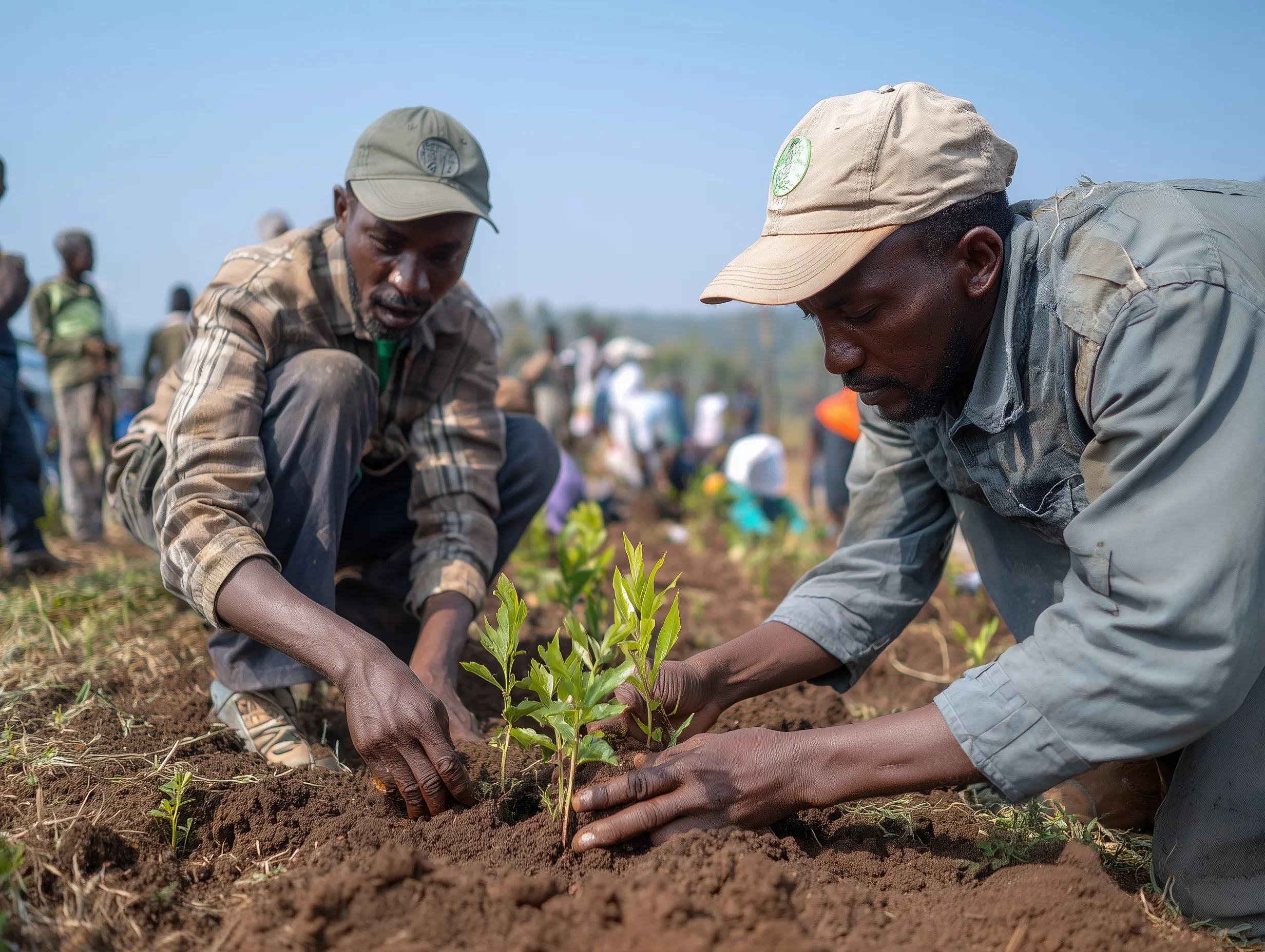 A diverse group of East African community volunteers planting young trees together in a reforestation project.