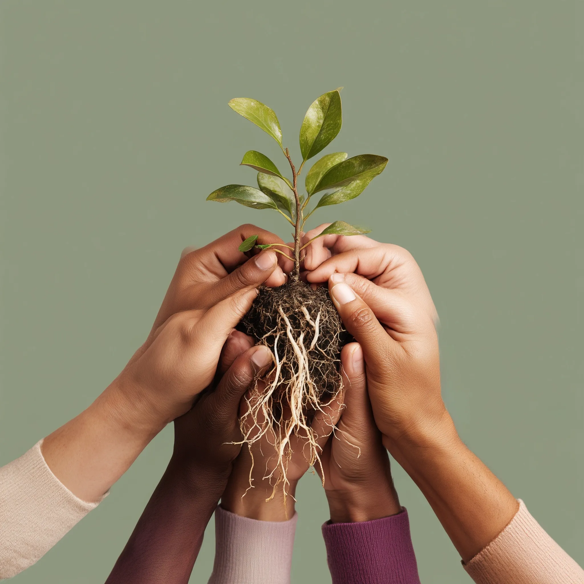 Diverse hands holding a small green plant with roots against a minimalist botanical background.
