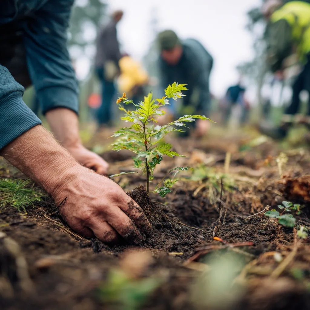 Close-up of volunteer hands planting a young tree sapling in soil during an environmental forest conservation event.