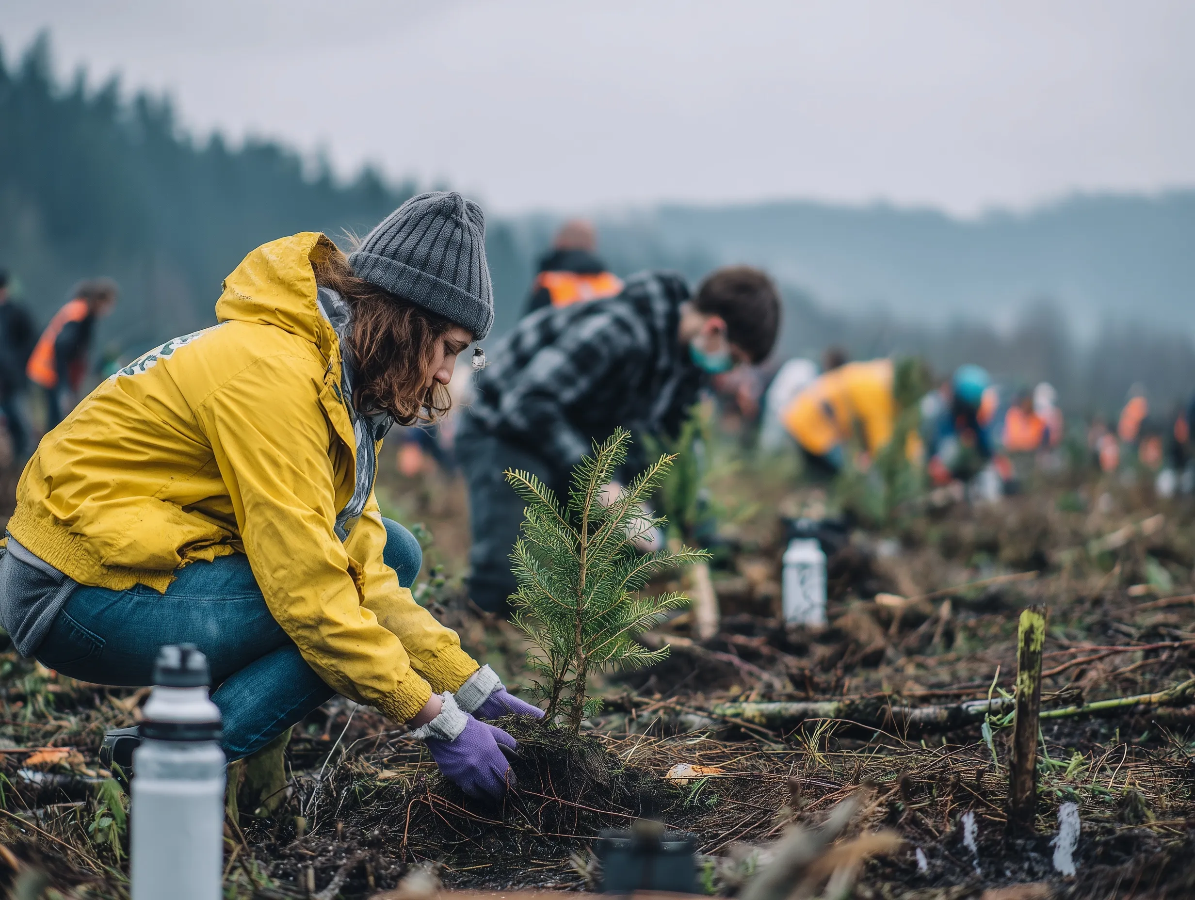 Climate activists planting young saplings in a deforested area to restore the environment under an overcast sky.
