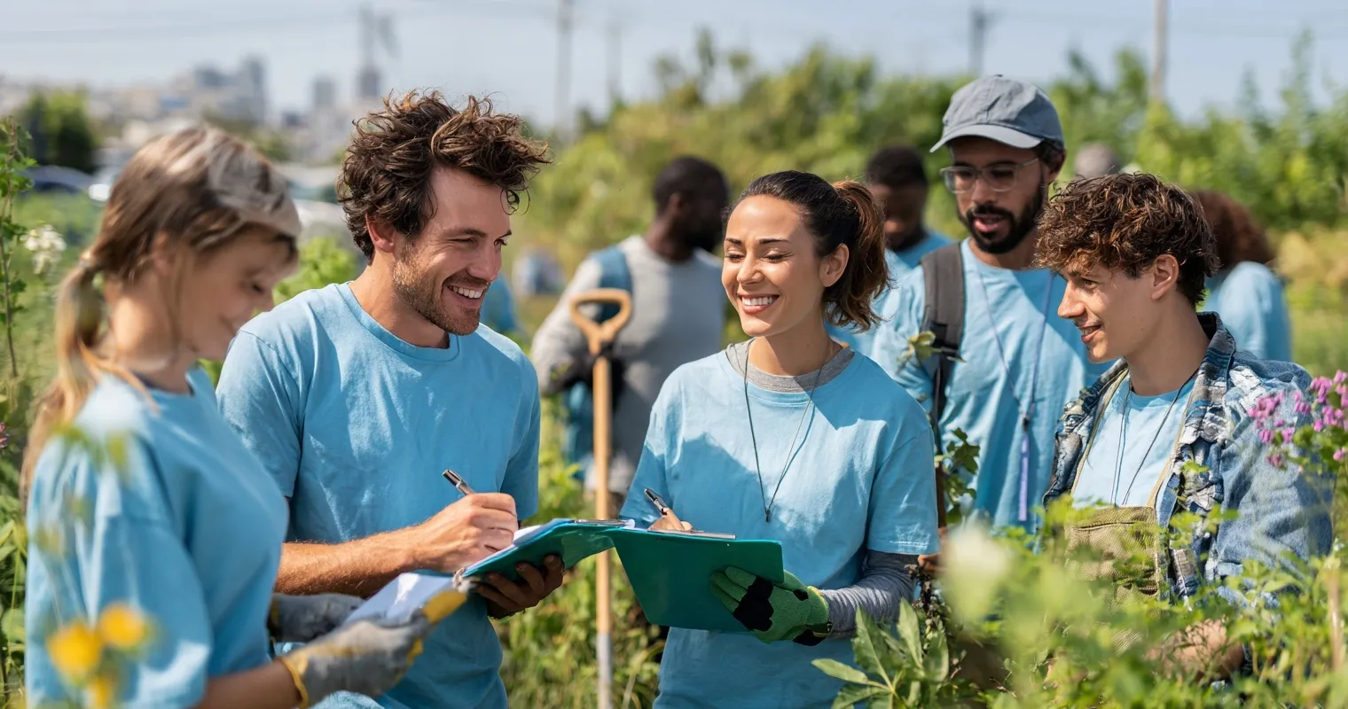 Diverse group of happy young volunteers planting trees in a sunny field with gardening tools and clipboards.