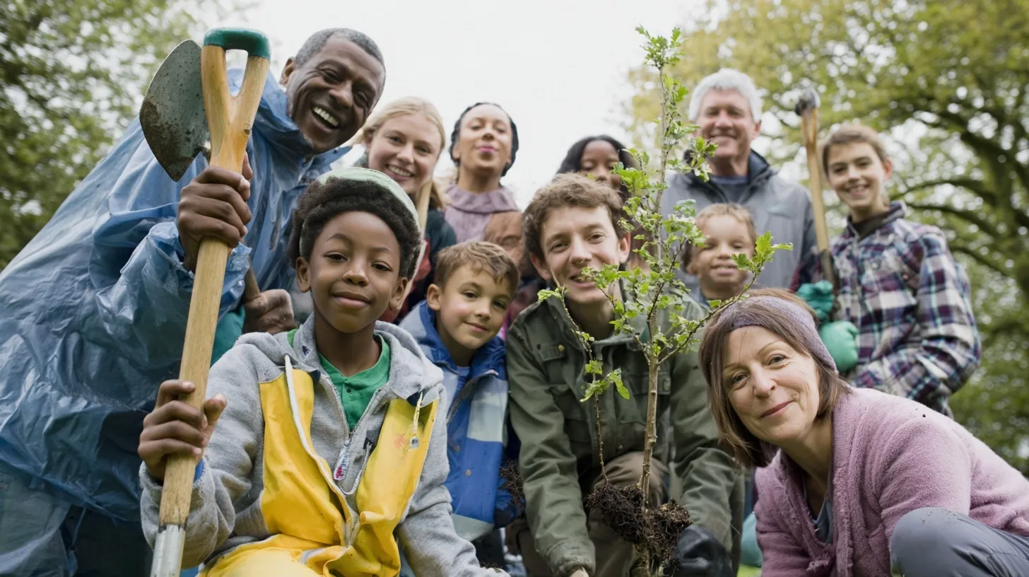 Diverse group of volunteers planting trees together in a UK community environmental project.