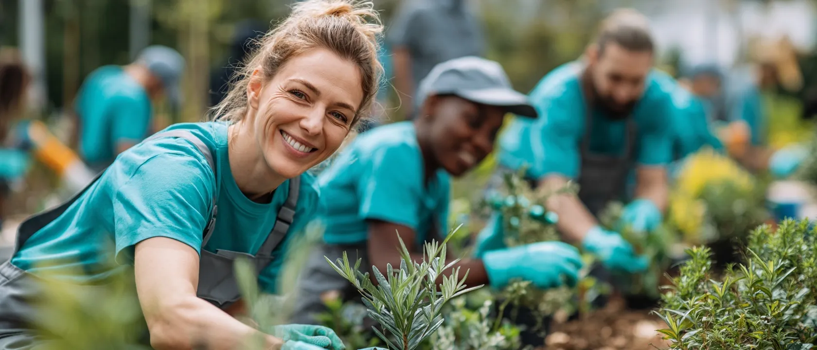 Smiling volunteers in uniforms planting and watering young trees in a sunlit garden, soft turquoise tones.