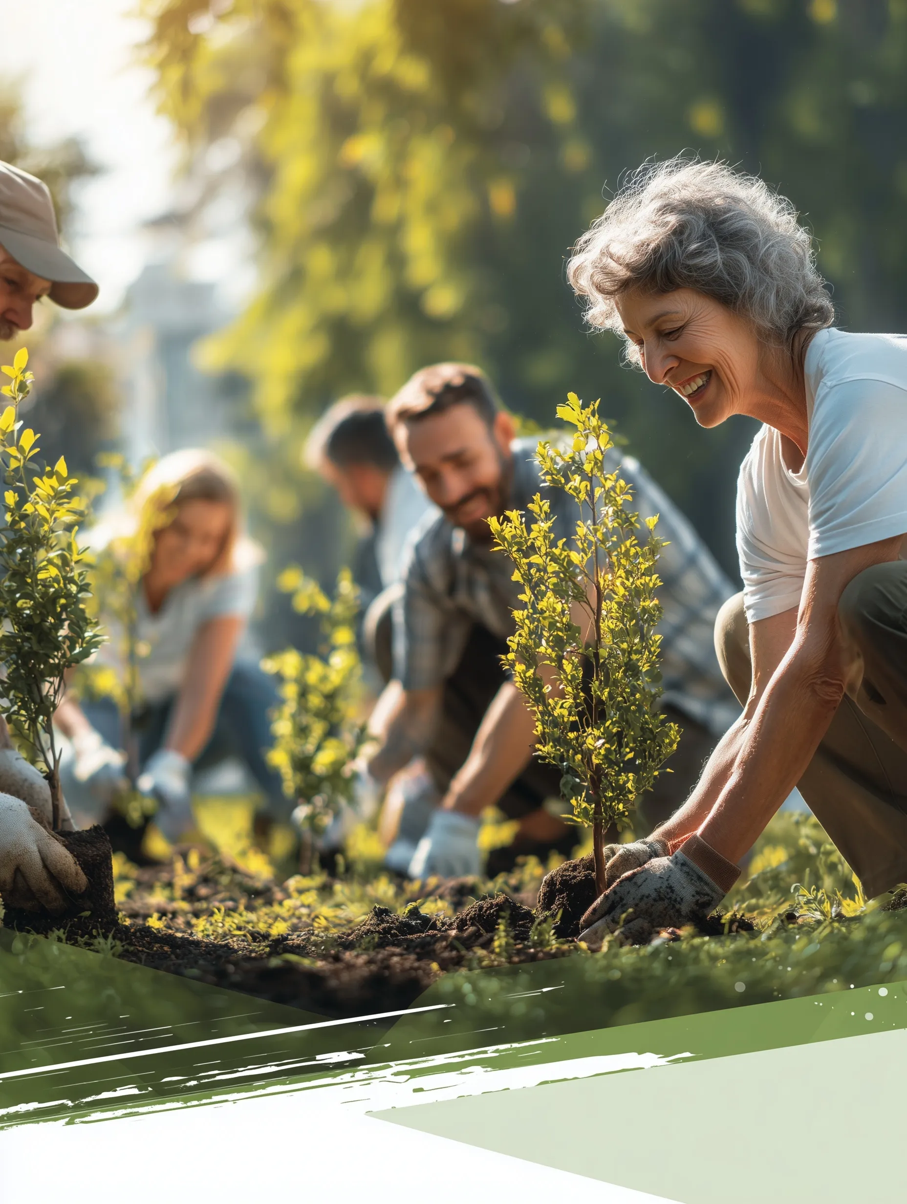 Diverse volunteers planting trees in a sunny park for an environmental awareness campaign.