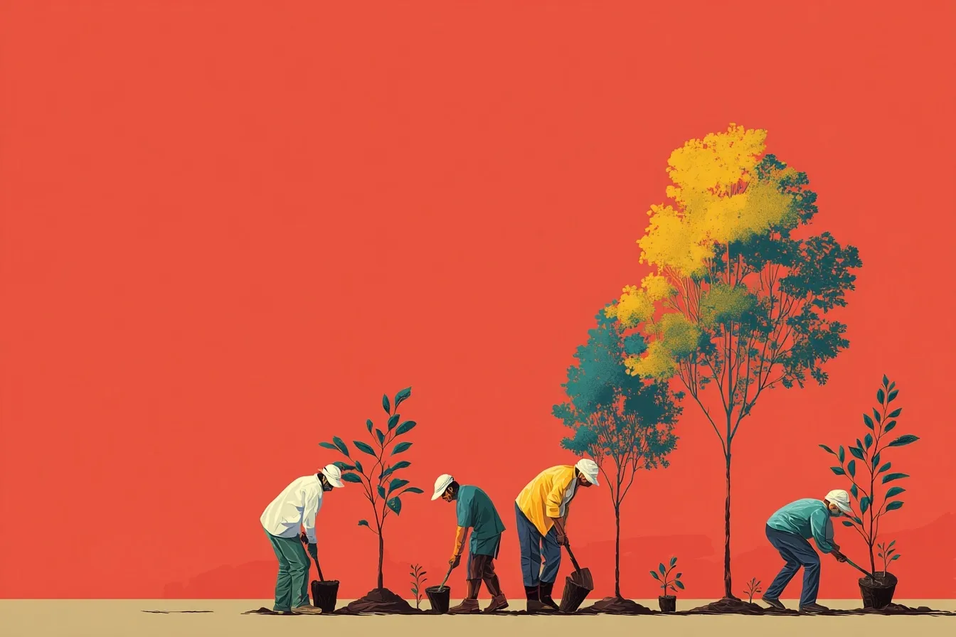 A diverse group of volunteers planting native tree saplings in an urban African park, minimalist style.