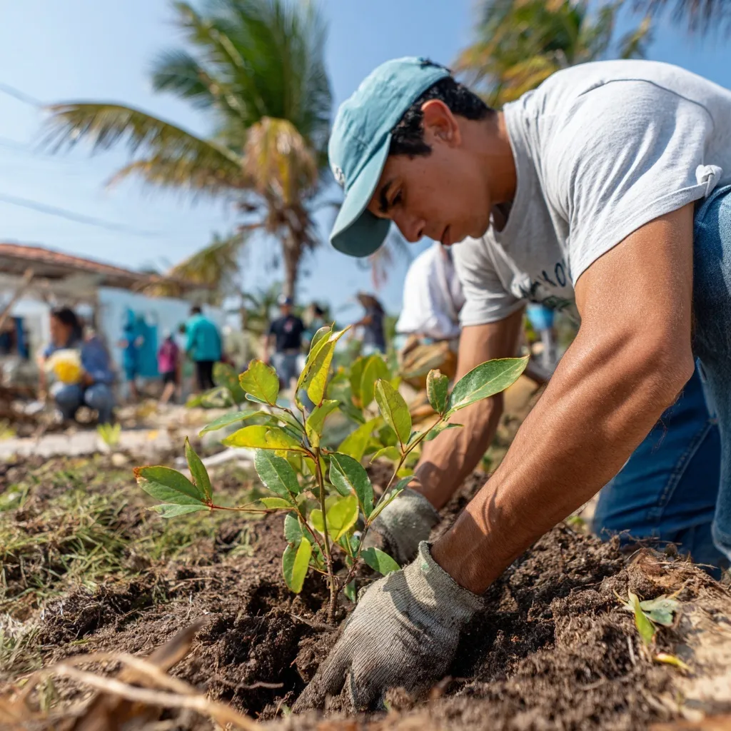 Diverse volunteers planting mangrove trees on a Yucatán coastline for climate resilience and disaster protection.