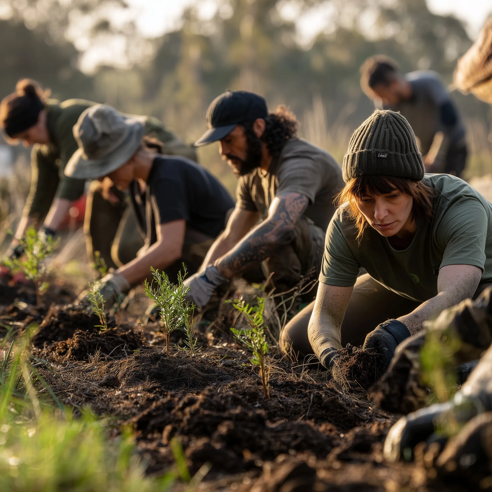 Diverse volunteers planting native tree saplings in open land using gardening tools for environmental restoration.