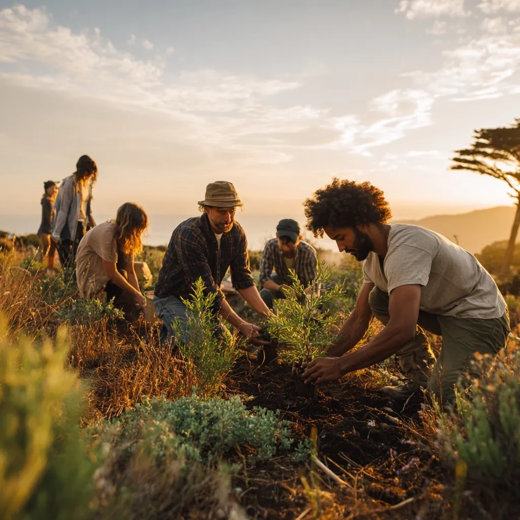 Diverse volunteers working together to plant young trees in a lush reforestation project under warm sunlight.