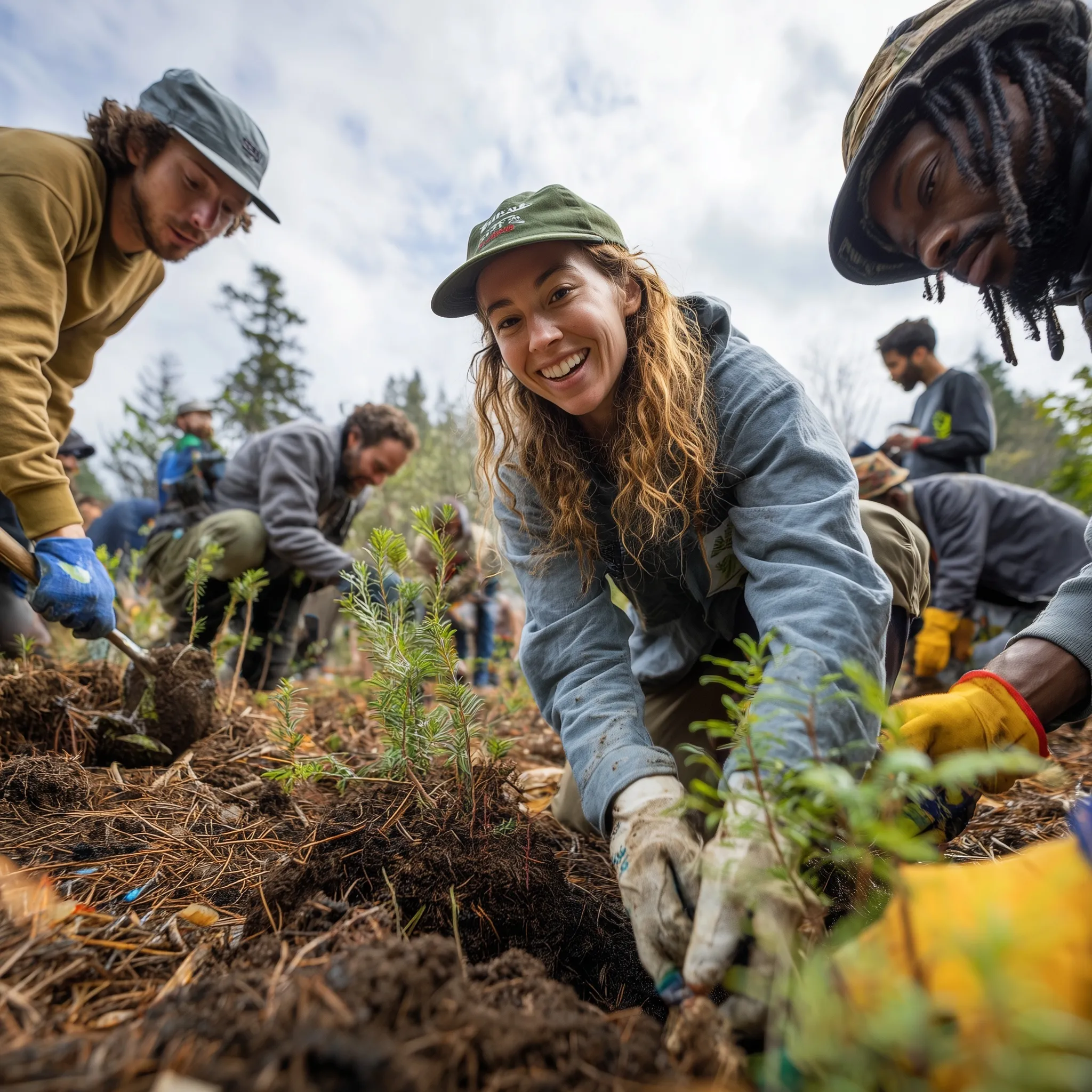Diverse group of volunteers planting trees in a forest restoration project under sunlight.