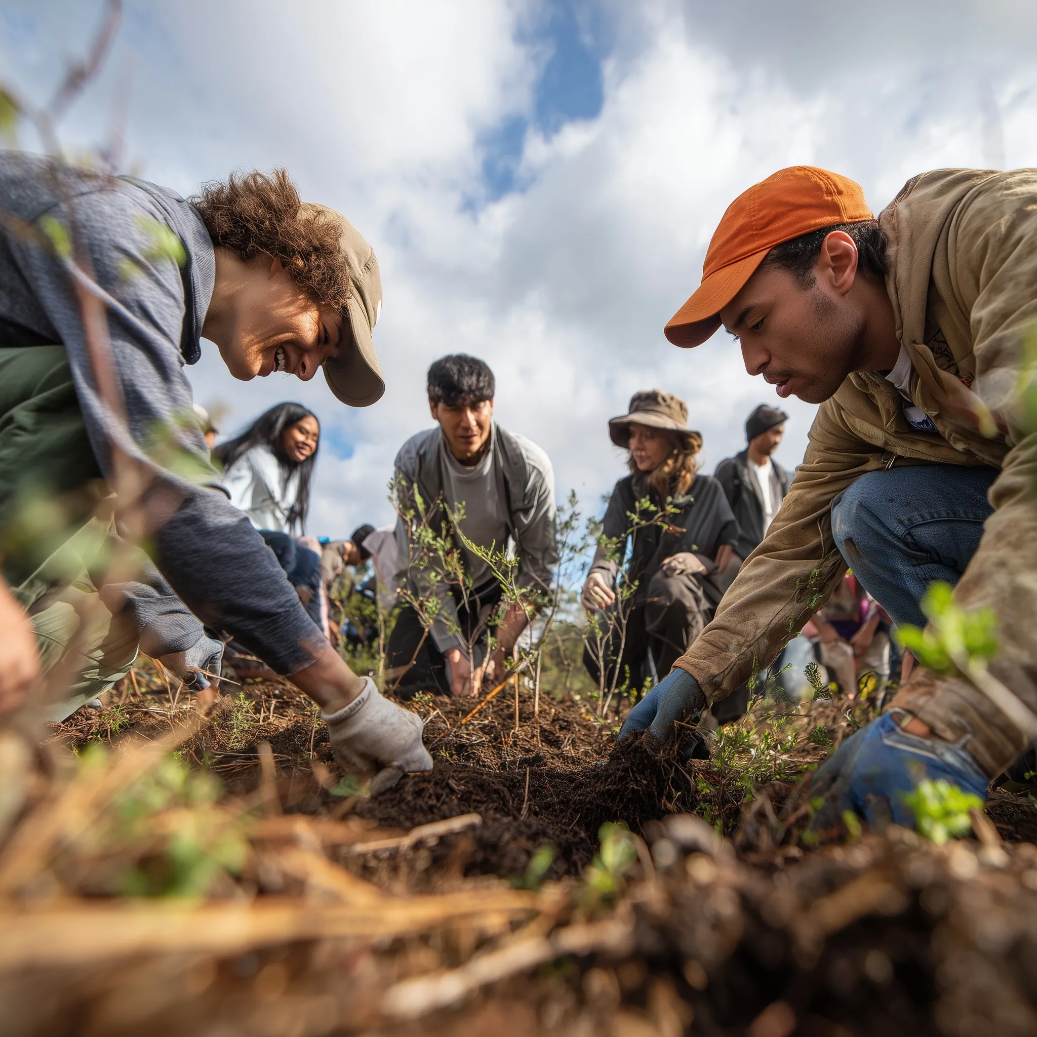 Diverse volunteers of all ages planting saplings together in a forest restoration project under sunlight.