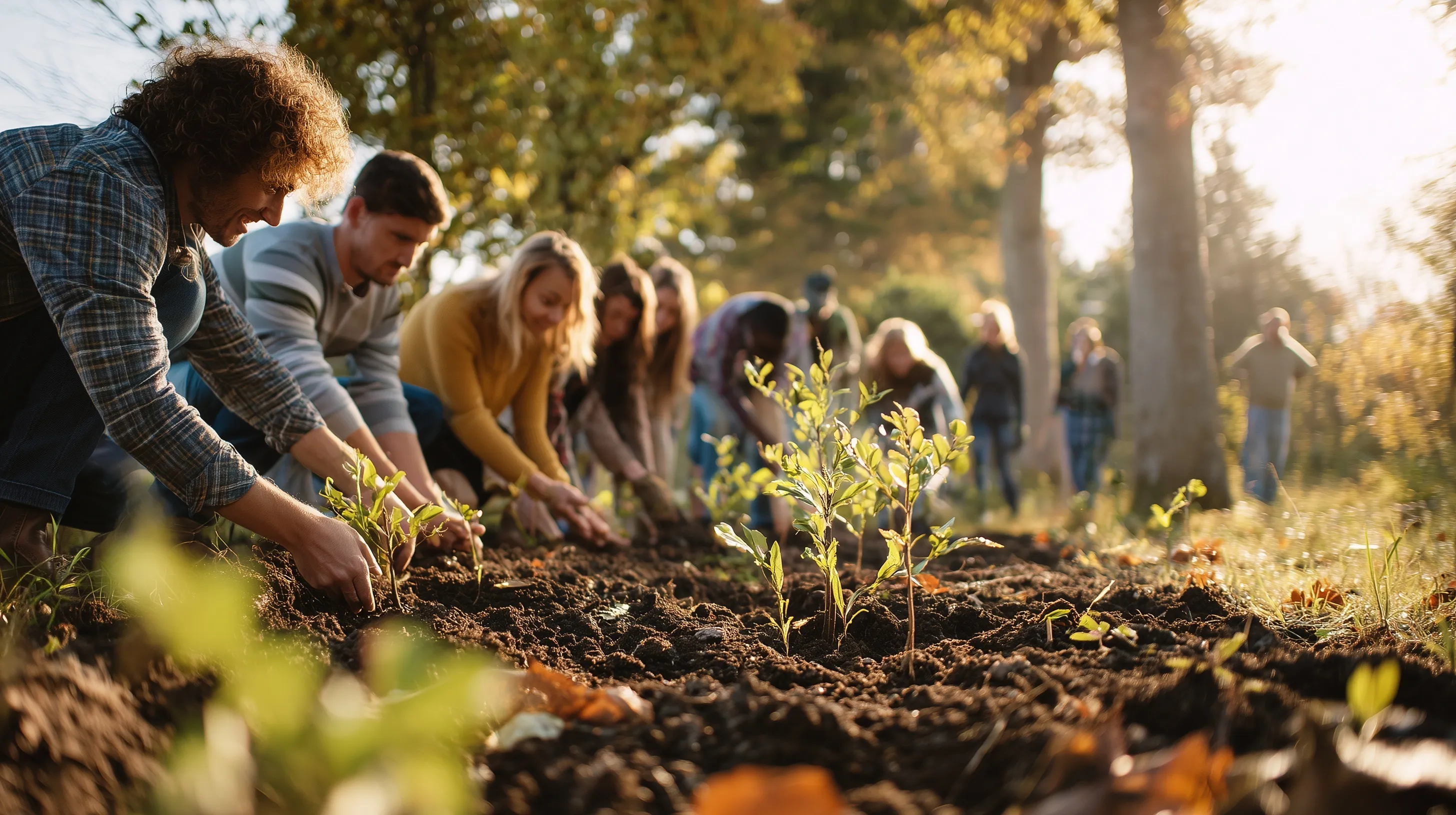 Diverse volunteers planting young trees in a lush landscape during golden hour for environmental reforestation.