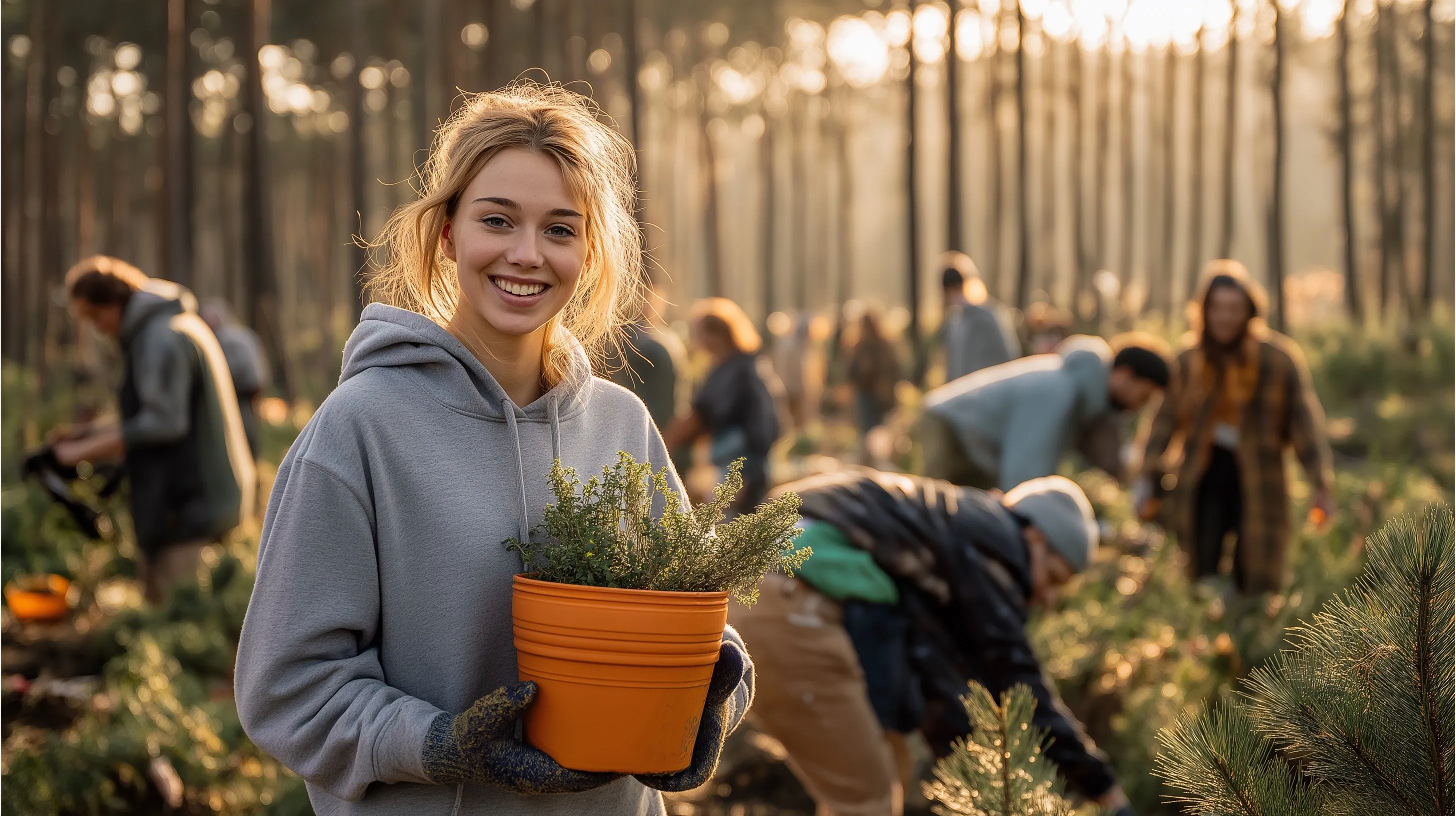 A smiling woman holding a potted plant with volunteers planting trees in a sunny forest for Earth Day.
