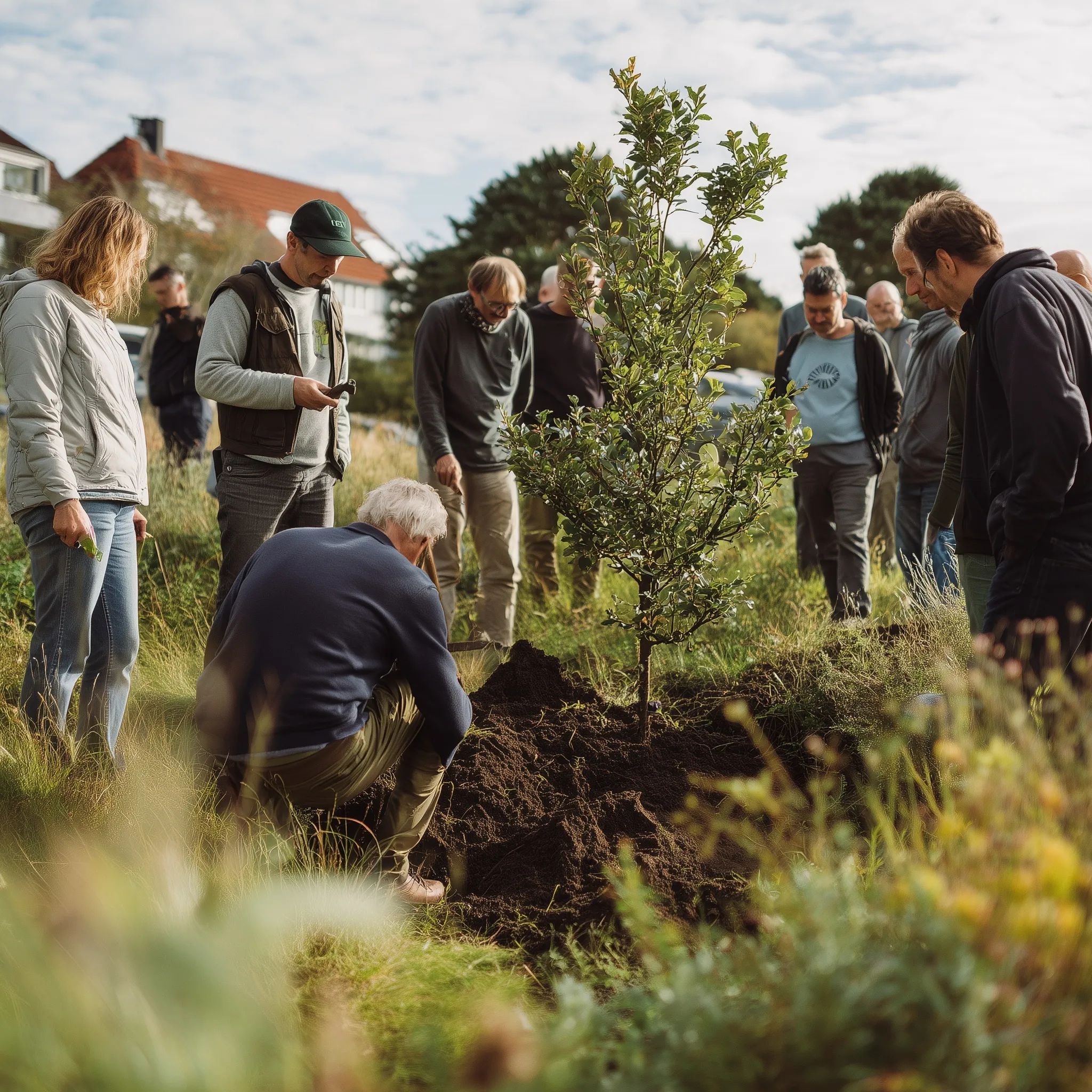 Diverse group of volunteers planting trees together in a Danish community green space on a bright, sunny day.