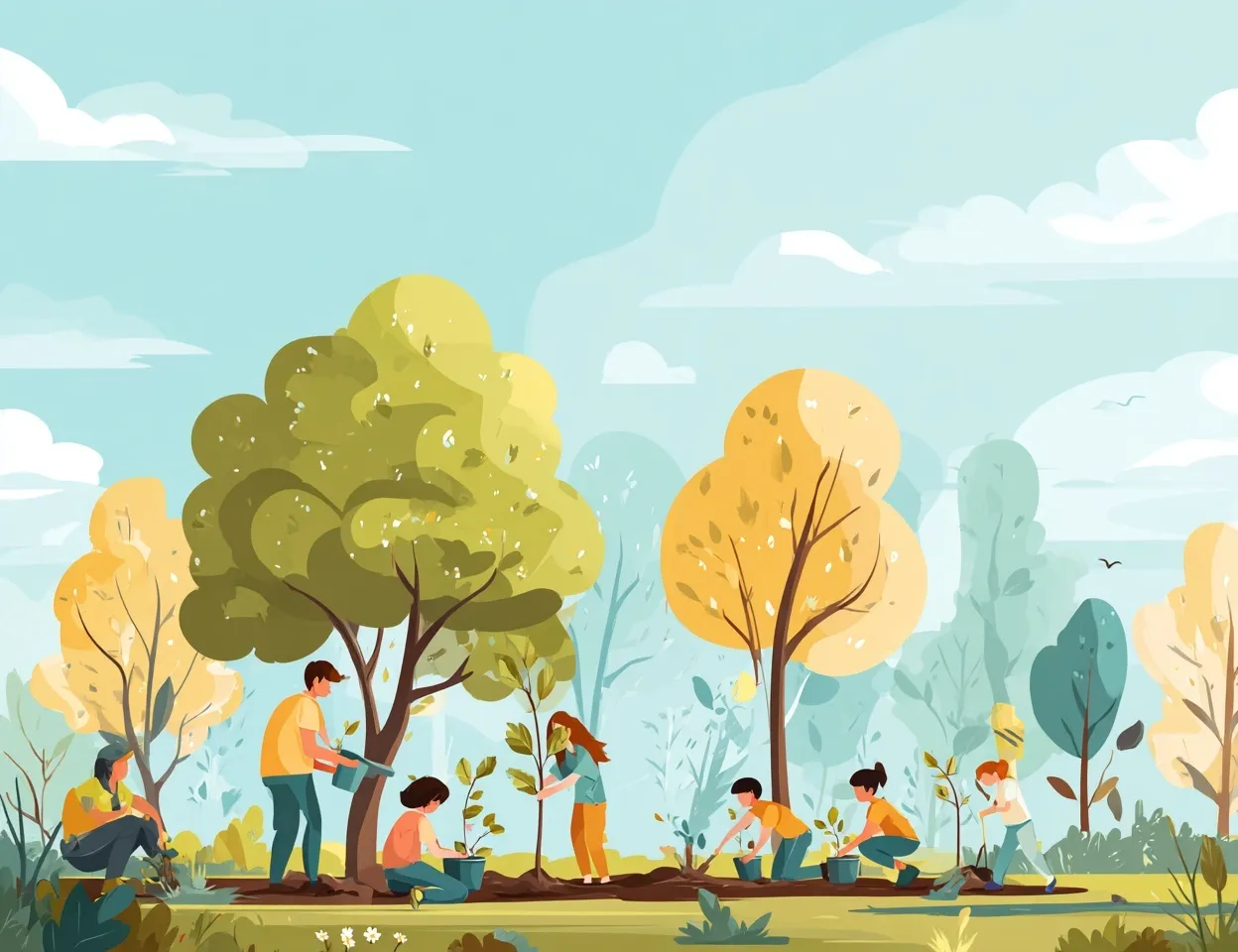 Vector illustration of children planting trees in a park for Earth Day environmental protection concept.