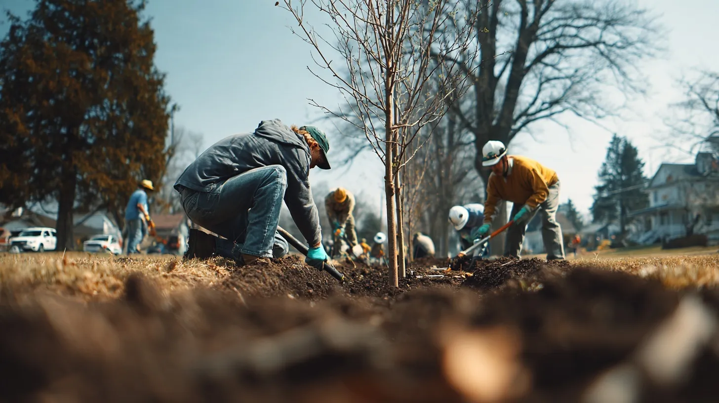 Diverse group of neighbors and municipal workers planting young trees together in a sunny suburban park.