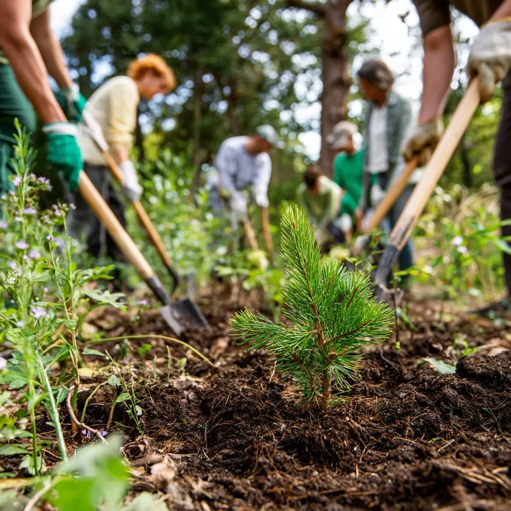A group of volunteers planting pine tree saplings in a lush forest with shovels, wide-angle ground-level shot.