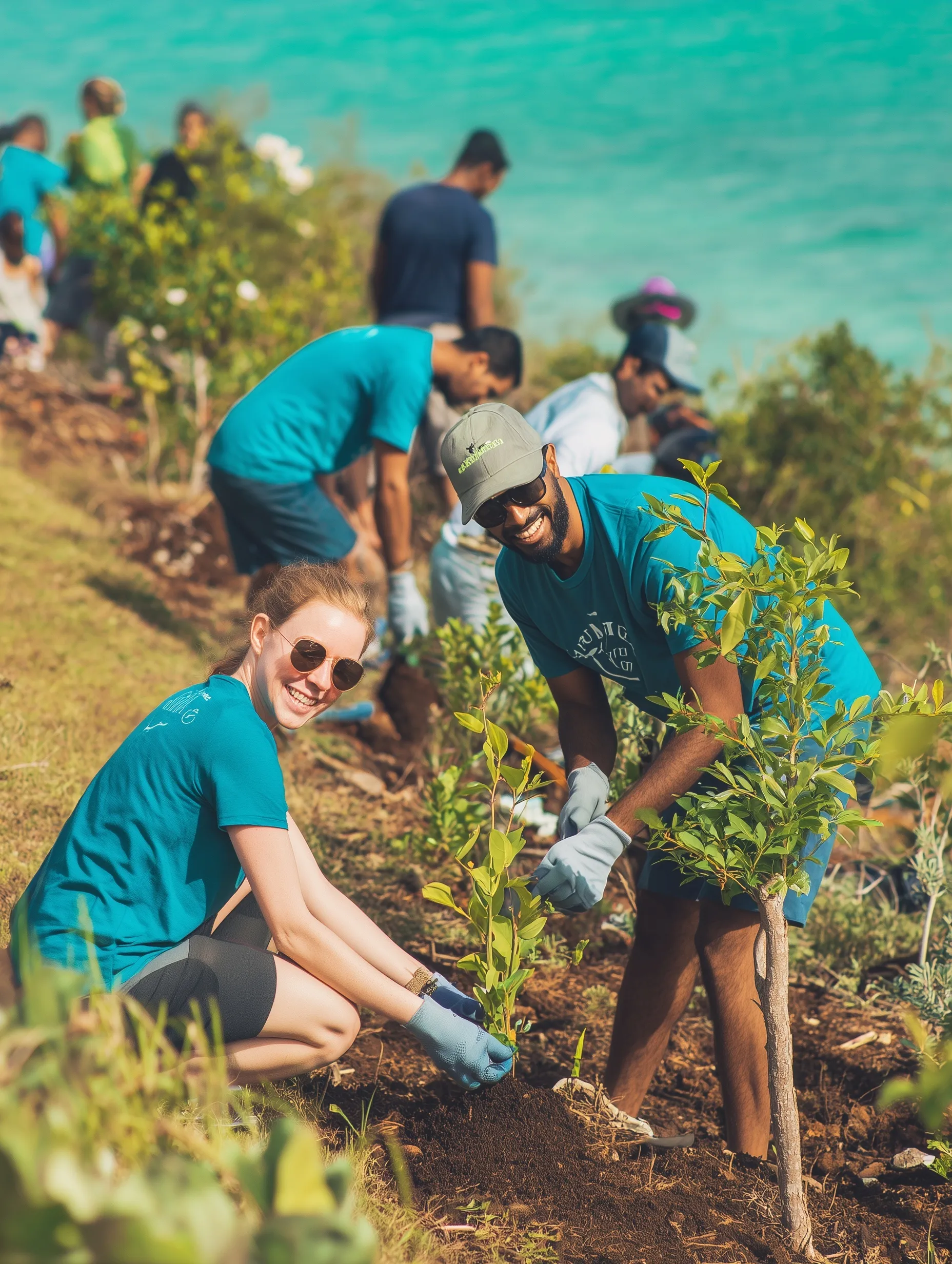 Diverse volunteers planting native trees along a scenic Bermuda coastline with turquoise ocean in the background.