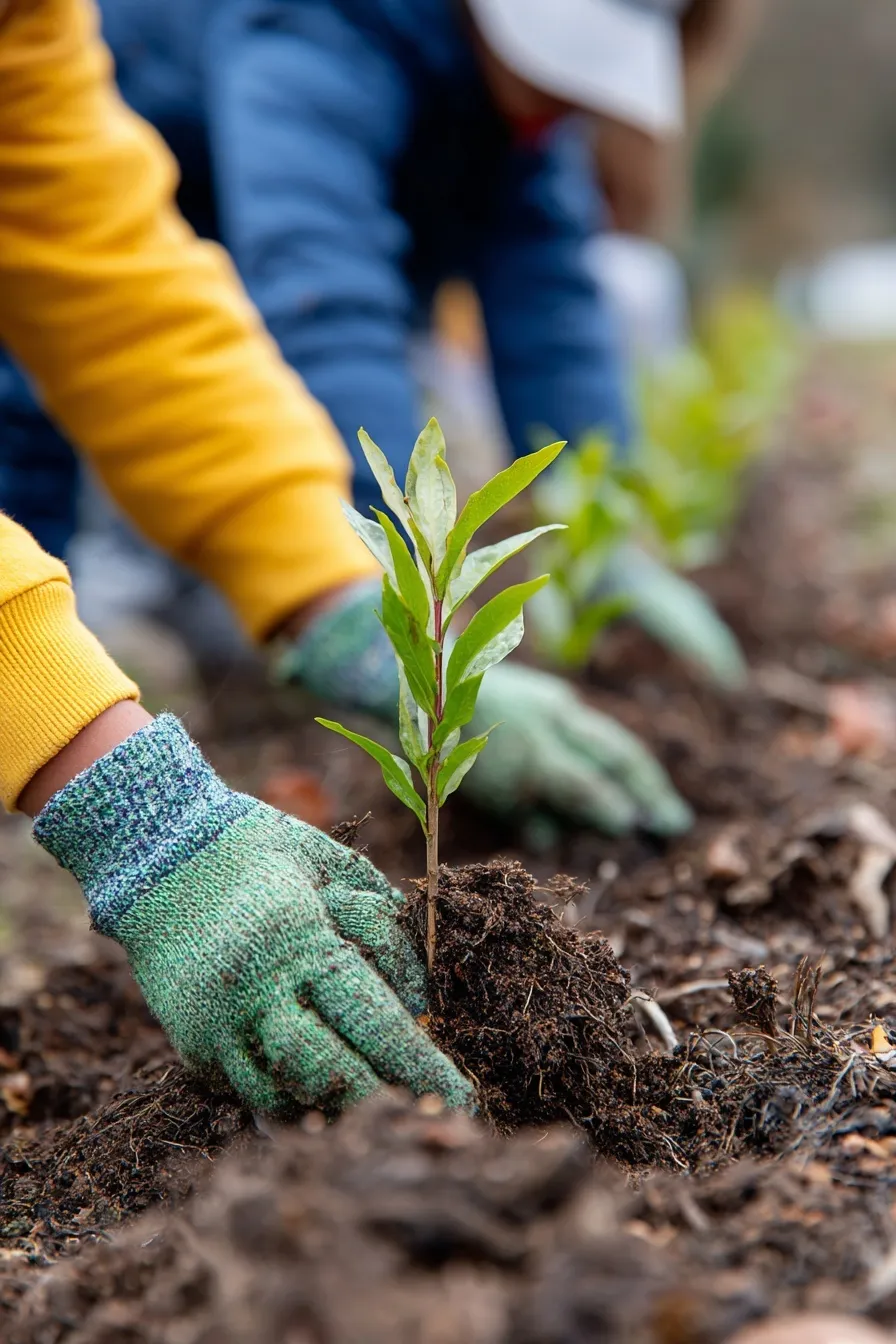 Diverse children planting a young tree together in soil, representing a concept of sustainable generations.