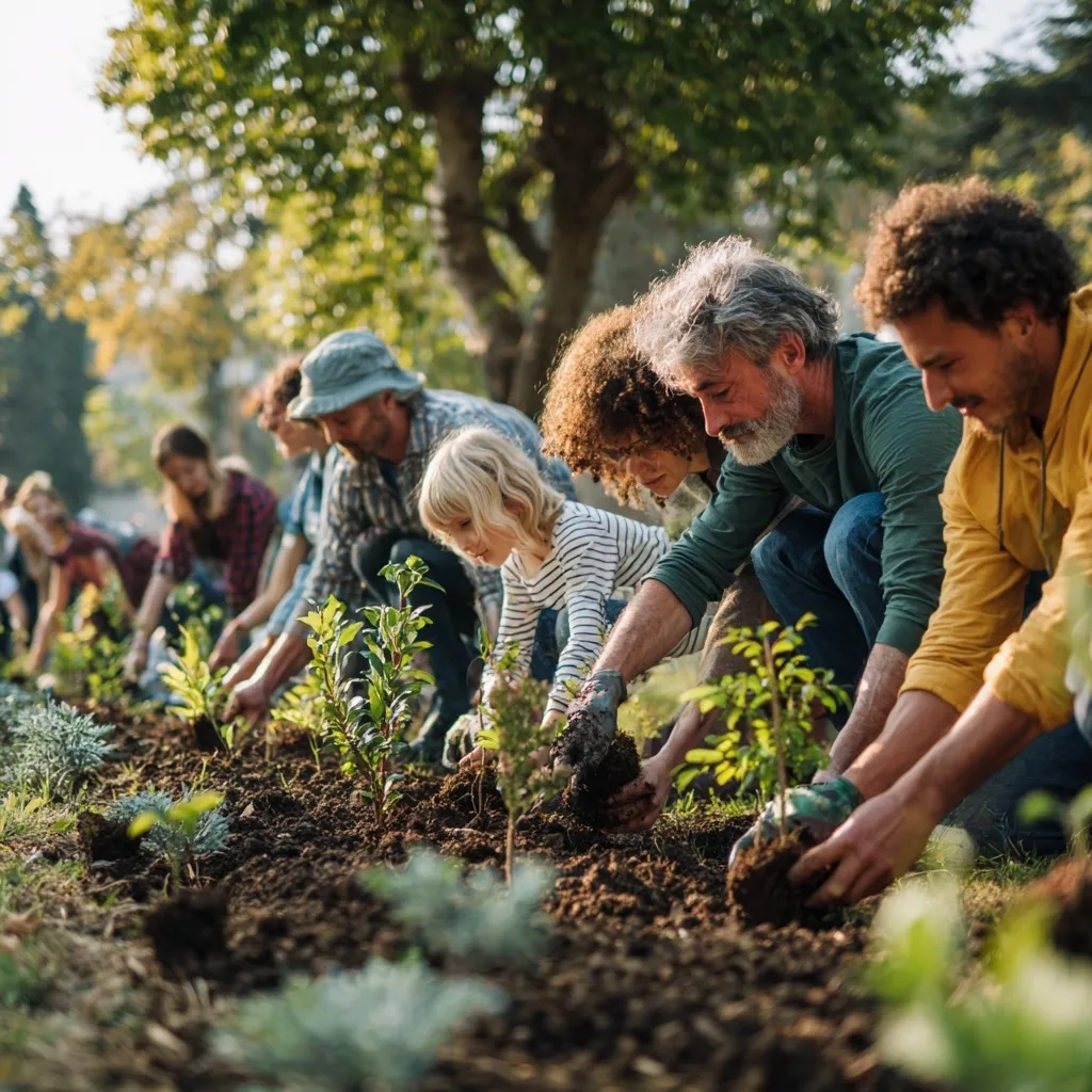Diverse volunteers of all ages working together to plant trees in a sunny park, promoting environmental teamwork.