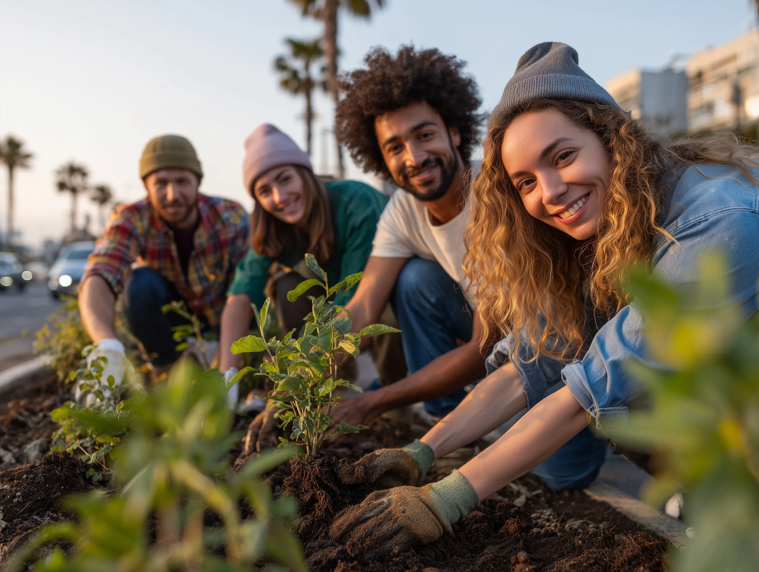 Diverse young Brazilians planting trees in an urban area during a sunny morning, symbolizing hope and renewal.