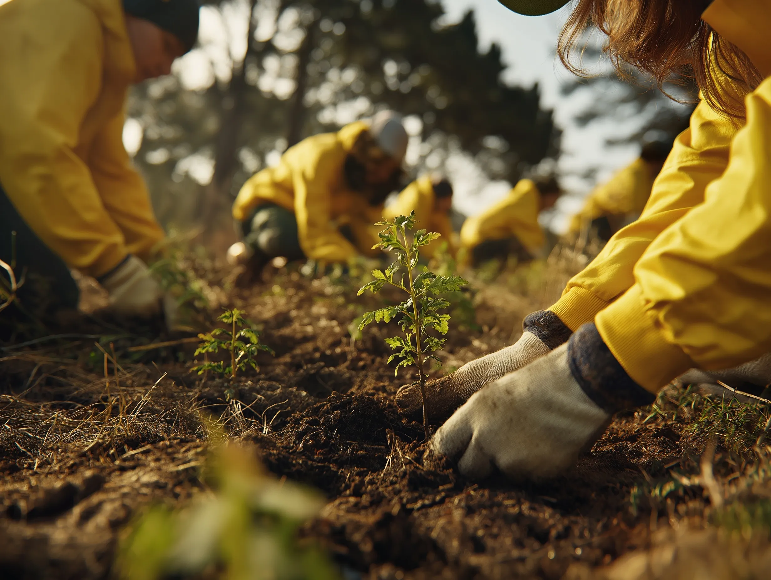 A team of volunteers in yellow shirts planting tree seedlings on a sunny hillside.